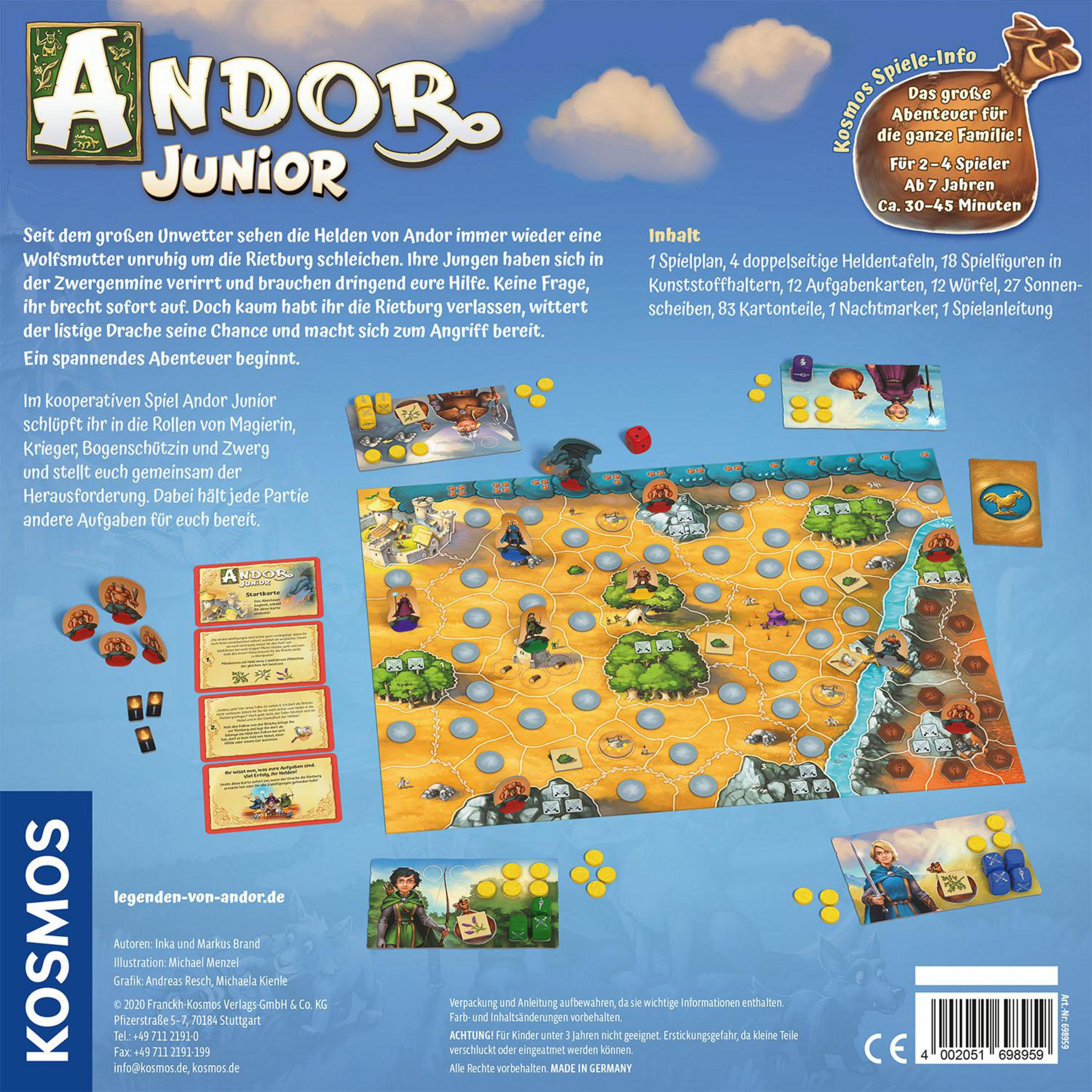 Rückseite der Andor Junior-Spielbox, Karte, Charaktere, Spielkomponenten, Text, weißer Hintergrund.