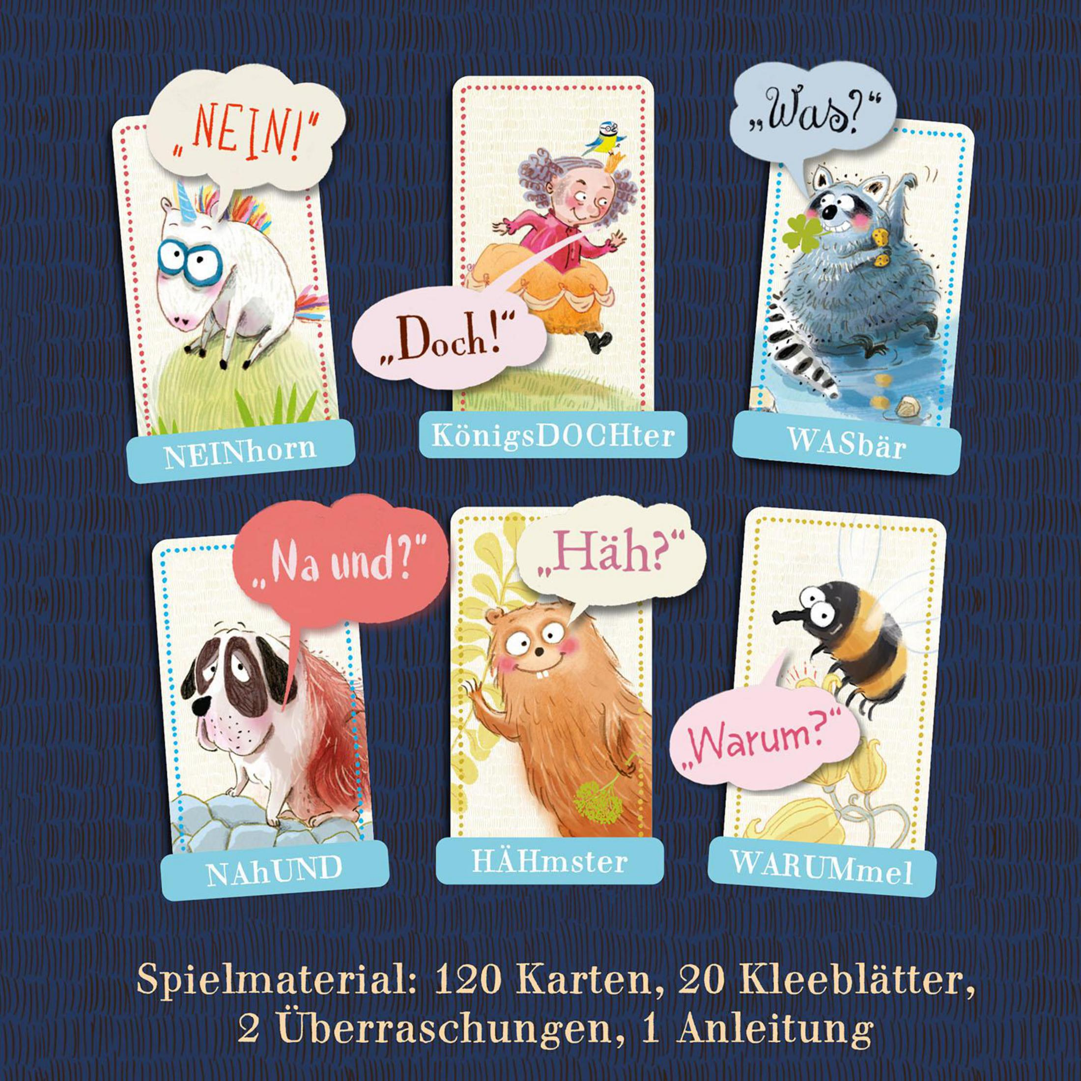Sechs Karten mit Comicfiguren, Sprechblasen und deutschen Wörtern.