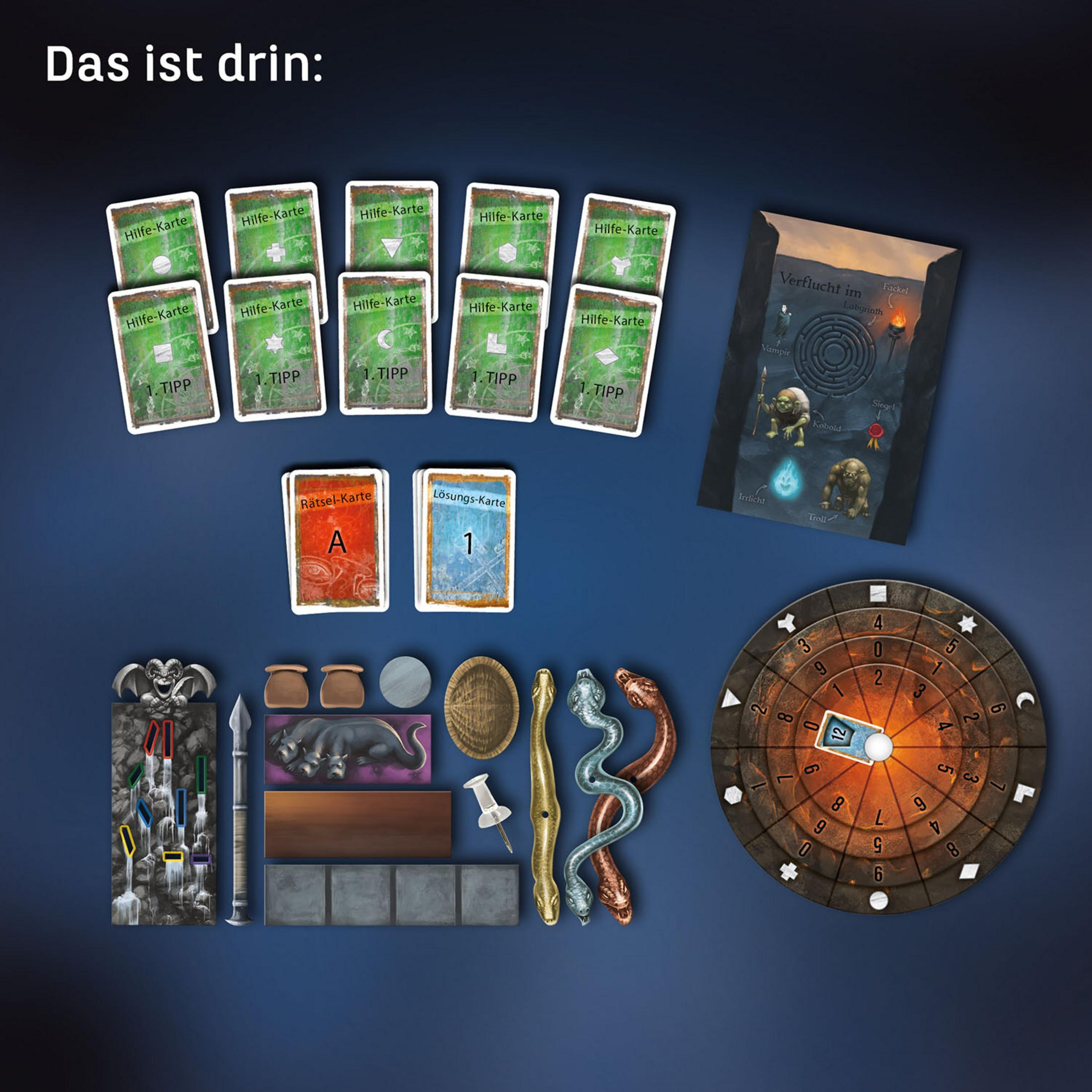 Ein Brettspiel mit Karten, Spielsteinen und einem Spielbrett, das auf einer dunklen Oberfläche ausgebreitet ist.