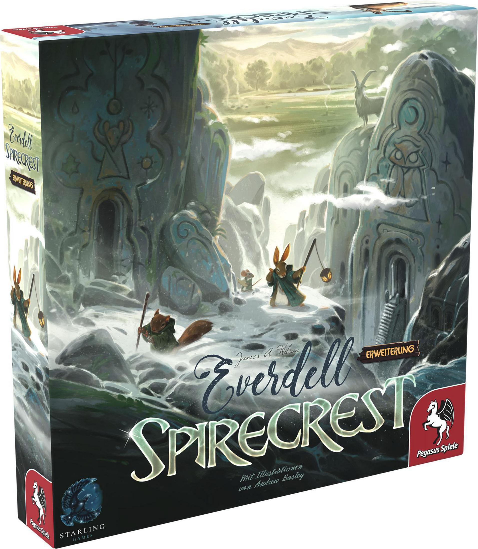 Ilustración de la caja del juego de mesa Everdell Spirecrest.  Paisaje de fantasía con animales y estructuras.