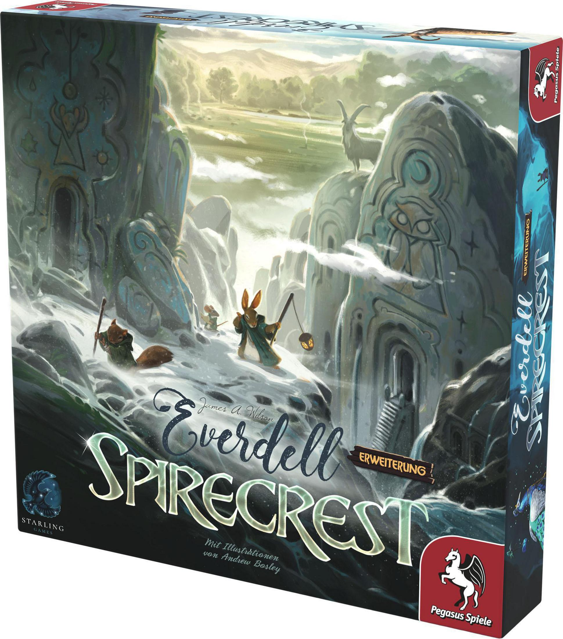 Caja del juego de mesa Everdell Spirecrest. Ilustraciones coloridas de criaturas fantásticas. Fondo blanco.