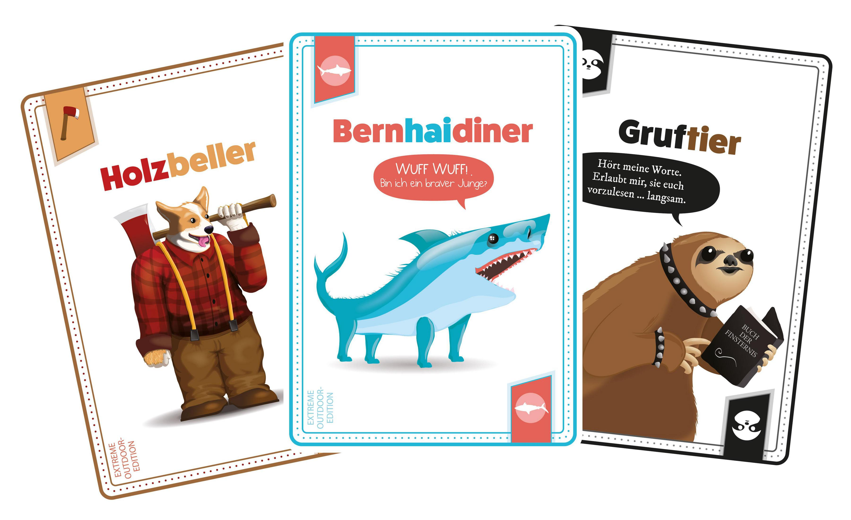 Drei Spielkarten mit Cartoon-Figuren. Mit einem Hund mit Axt, einem Hai und einem Faultier mit einem Buch.