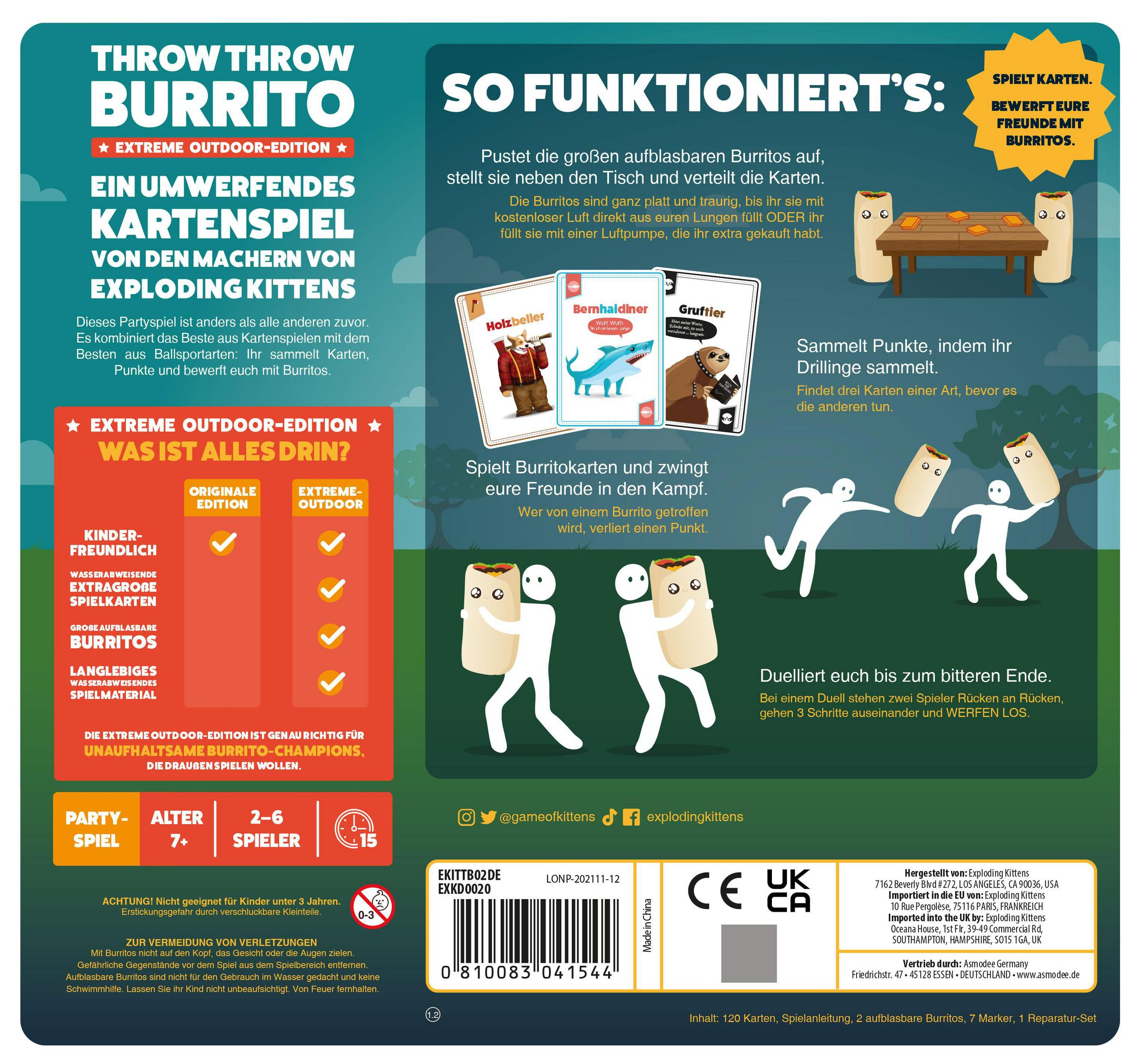 Ein Brettspielkasten mit dem Titel "Throw Throw Burrito" mit Illustrationen und Text in einem farbenfrohen Design.