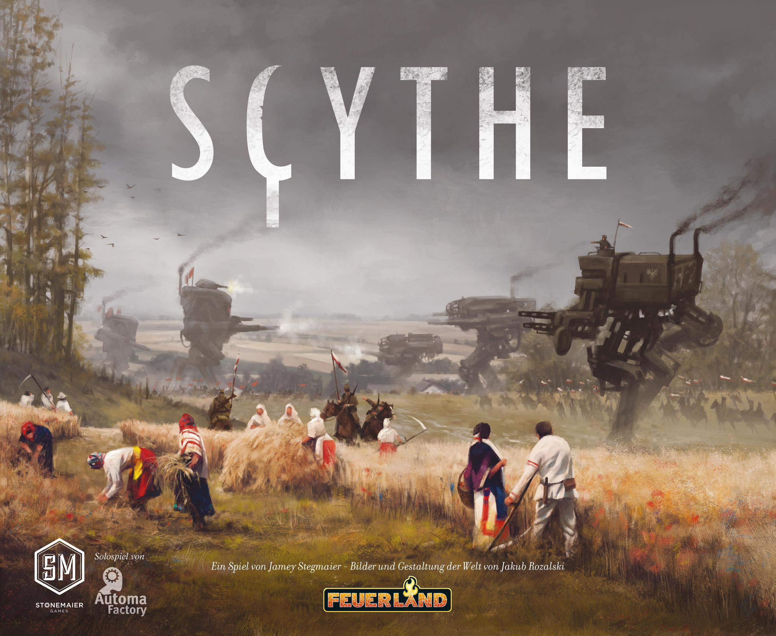 Ein Feld mit mechanischen Mechs und Bauern, die im Vordergrund arbeiten.