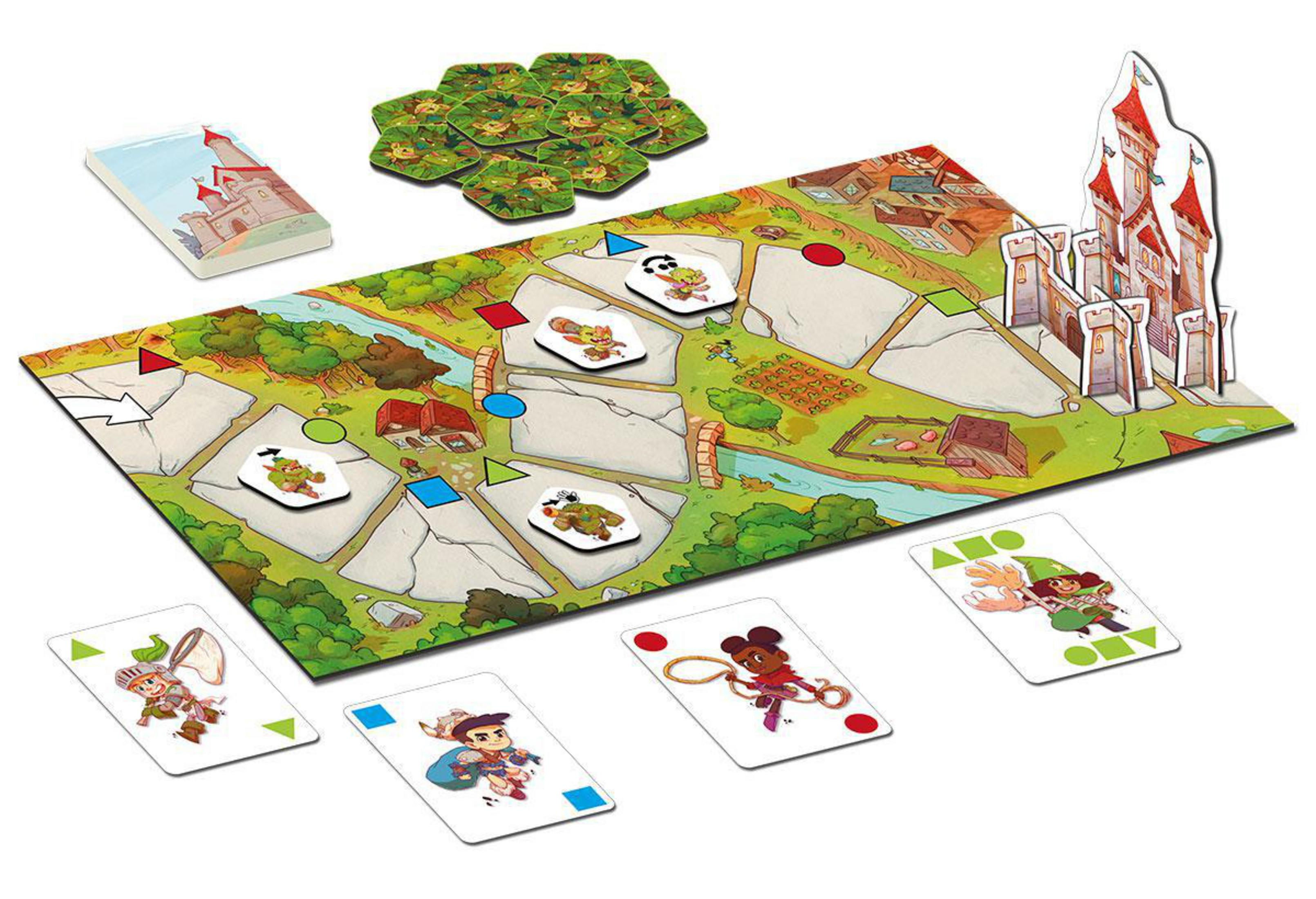 Brettspiel mit Karten, Burg-Ausschnitt und Charakter-Token auf einem Spielbrett.