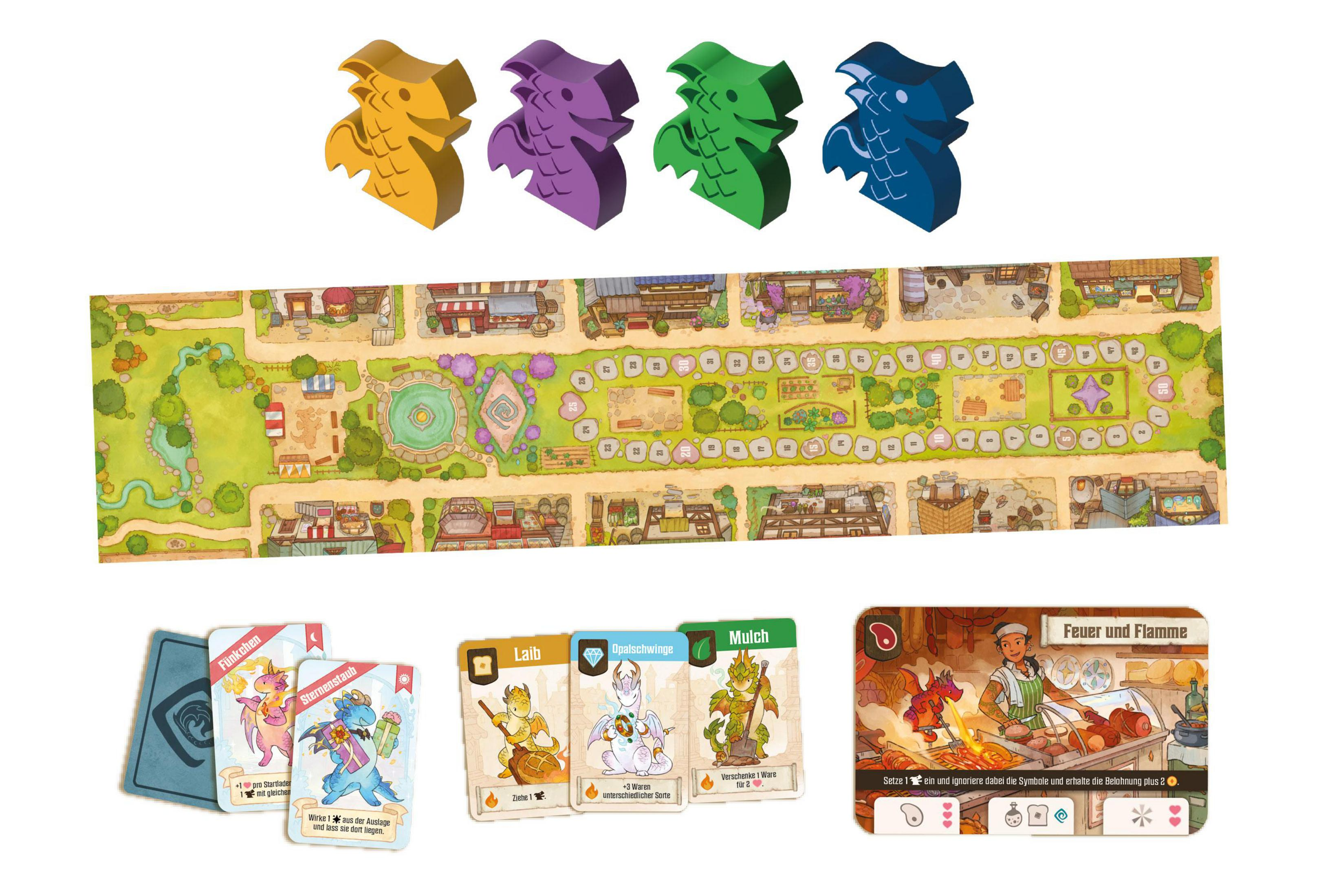 Brettspiel-Komponenten. Drachen-Token, Spielbrett, Karten und Illustrationen.