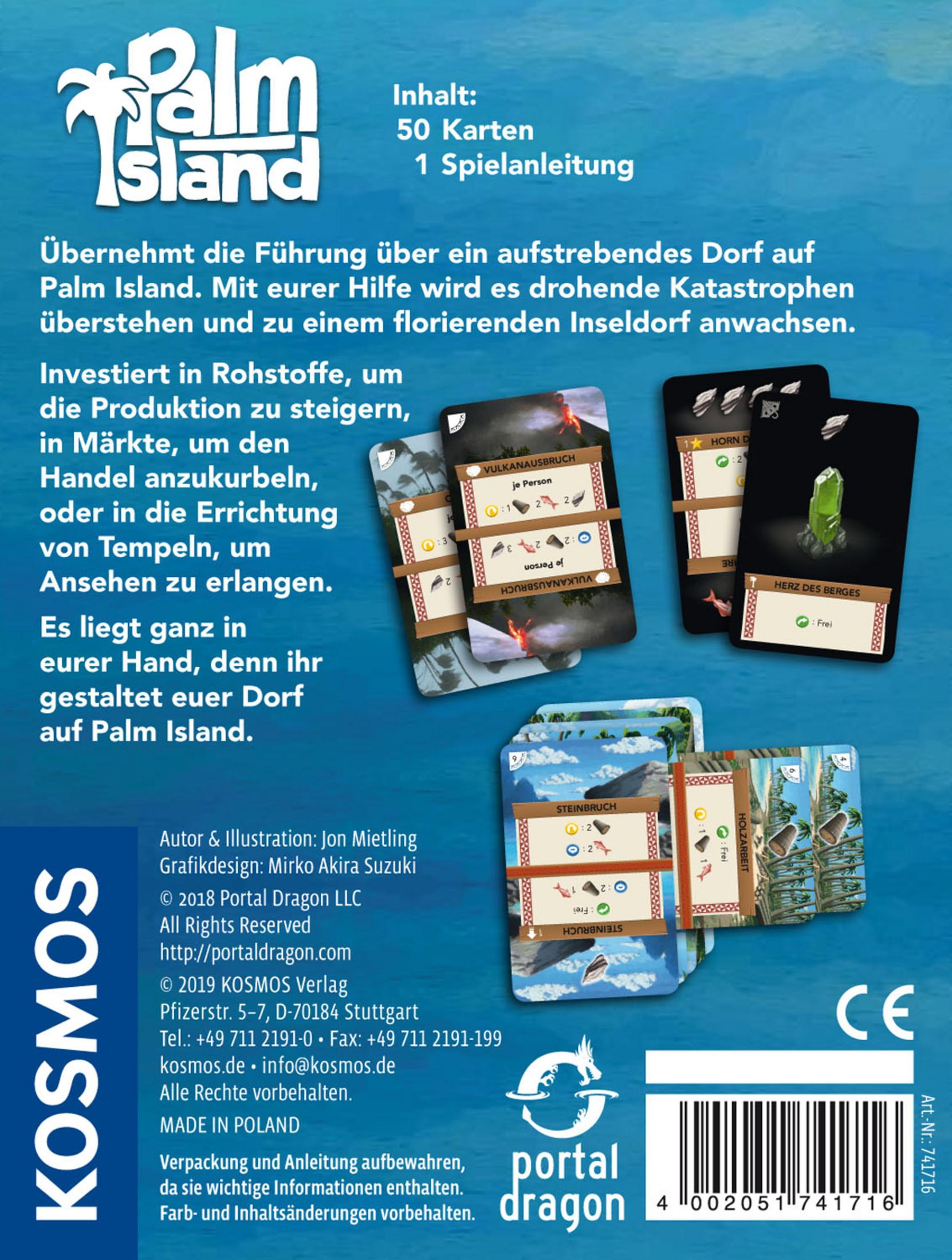 Dos de la boîte du jeu de cartes Palm Island, montrant les cartes, les instructions et le logo.