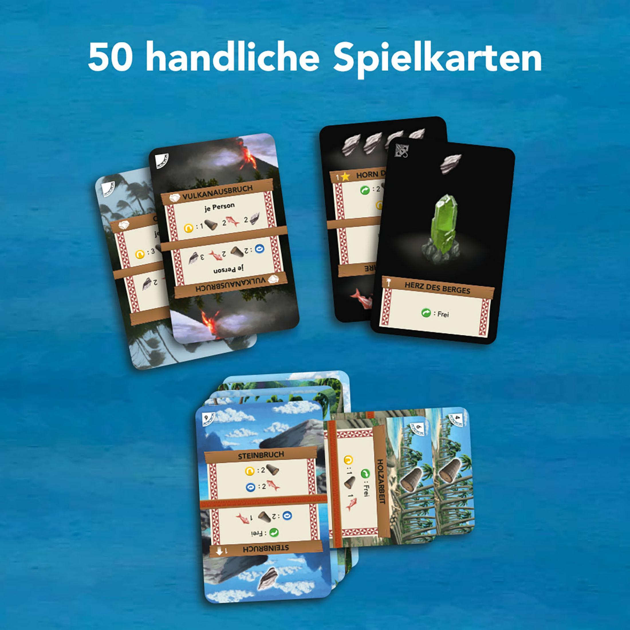 Cartes de jeu de cartes, divers motifs, avec texte "50 handliche Spielkarten", fond bleu.
