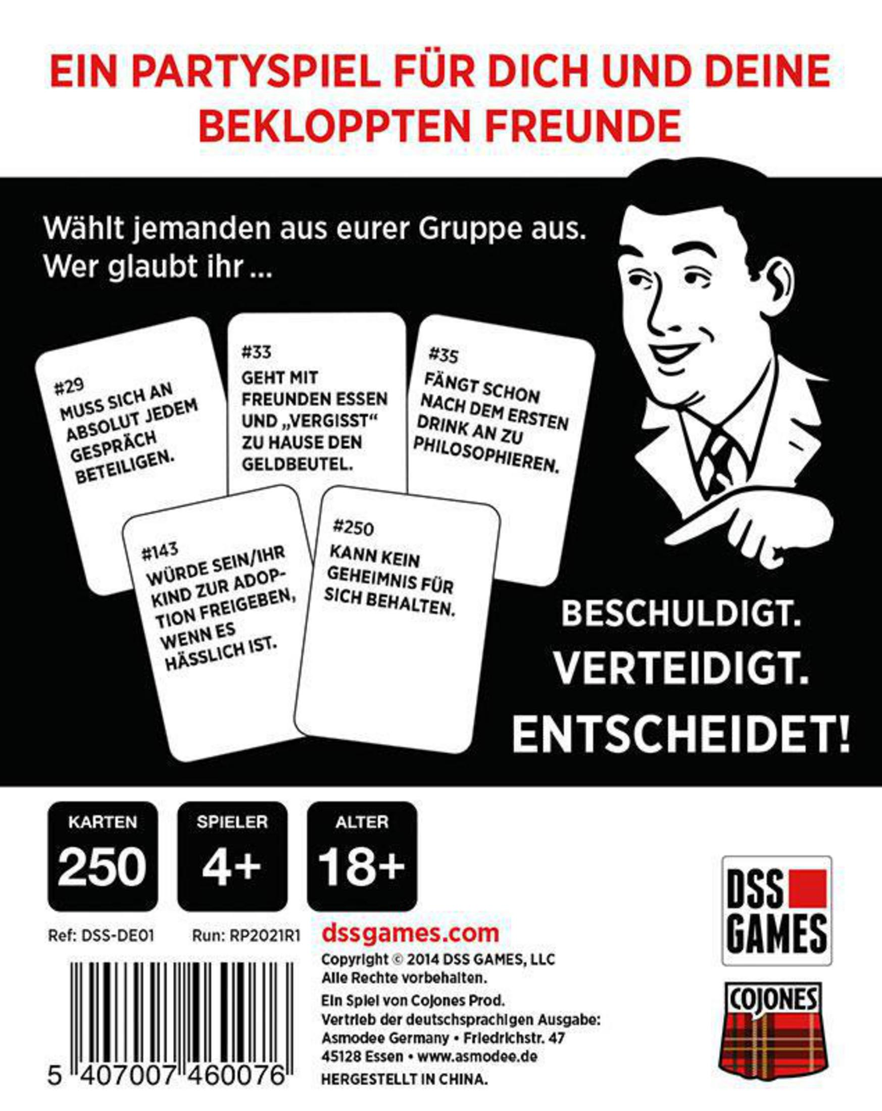 Eine Spielbox mit Karten und Würfeln, mit deutschem Text und einem Cartoon-Mann.