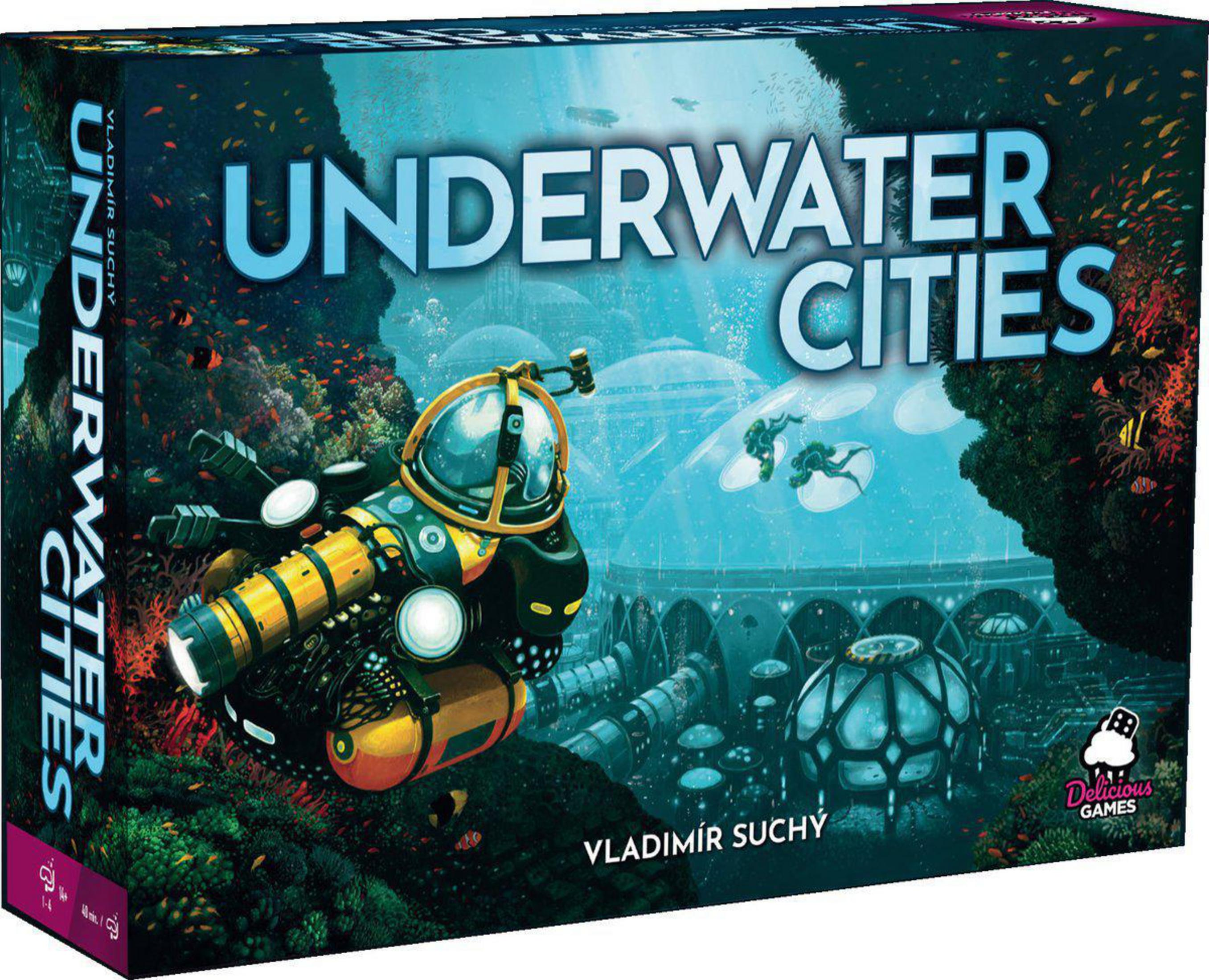 Spielbox für Underwater Cities. Ein U-Boot, Unterwasserstadt-Illustrationen und der Spieletitel sind sichtbar.