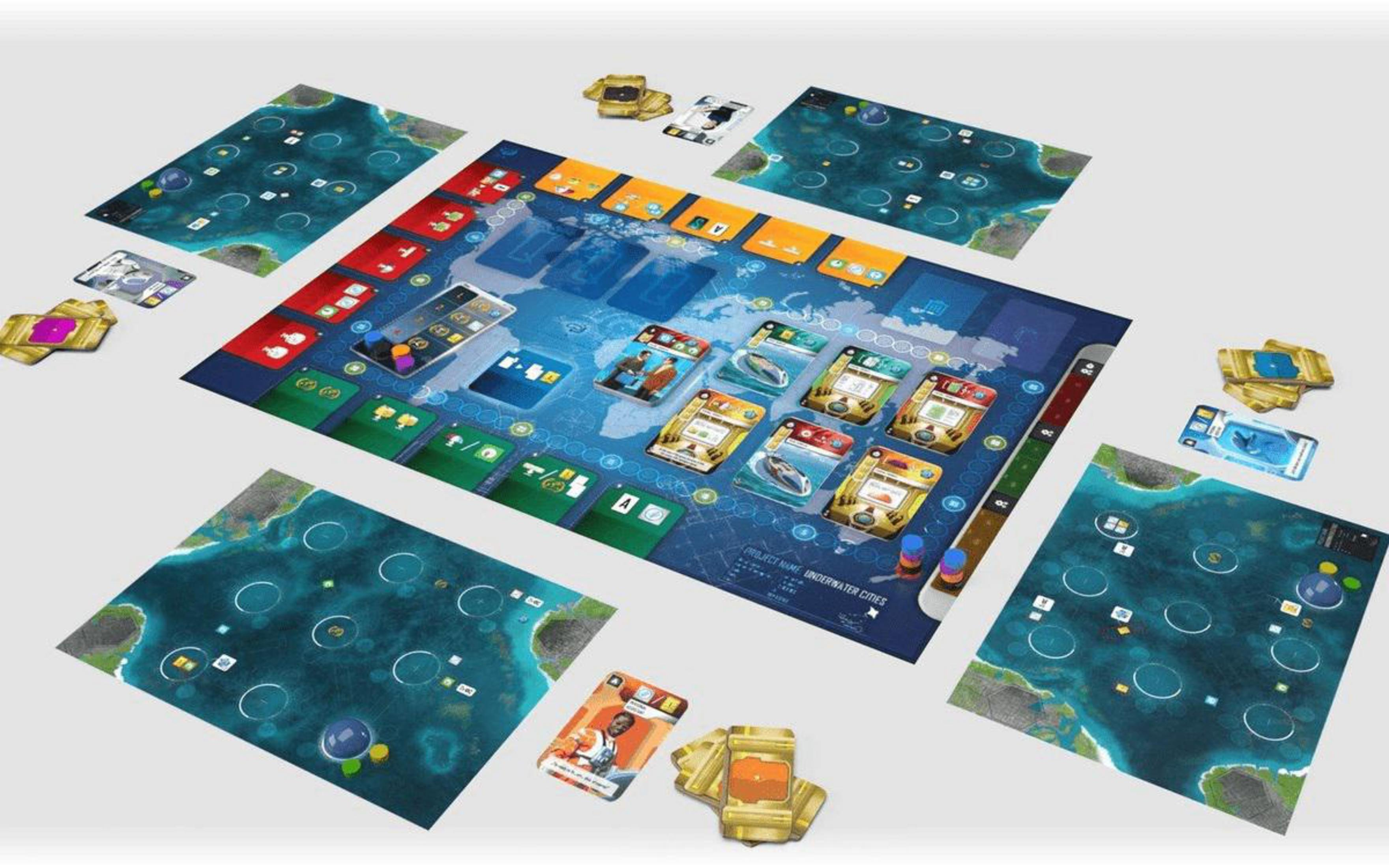 Brettspiel-Layout. Blaue Ozeankarte mit Karten und Spielsteinen, die Unterwasserstädte anzeigen.