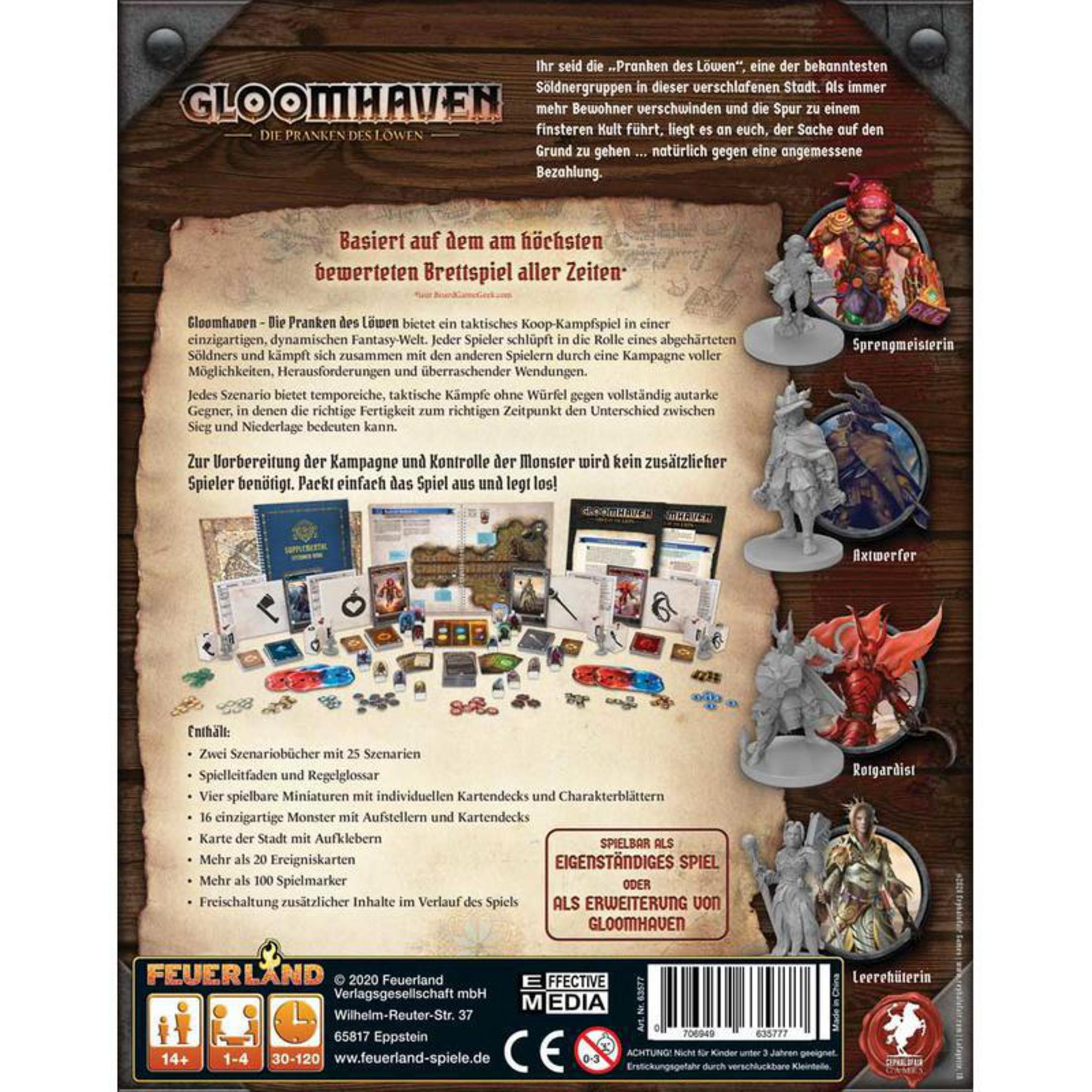 Caja de juego de mesa con miniaturas, cartas y componentes. Incluye varios personajes.