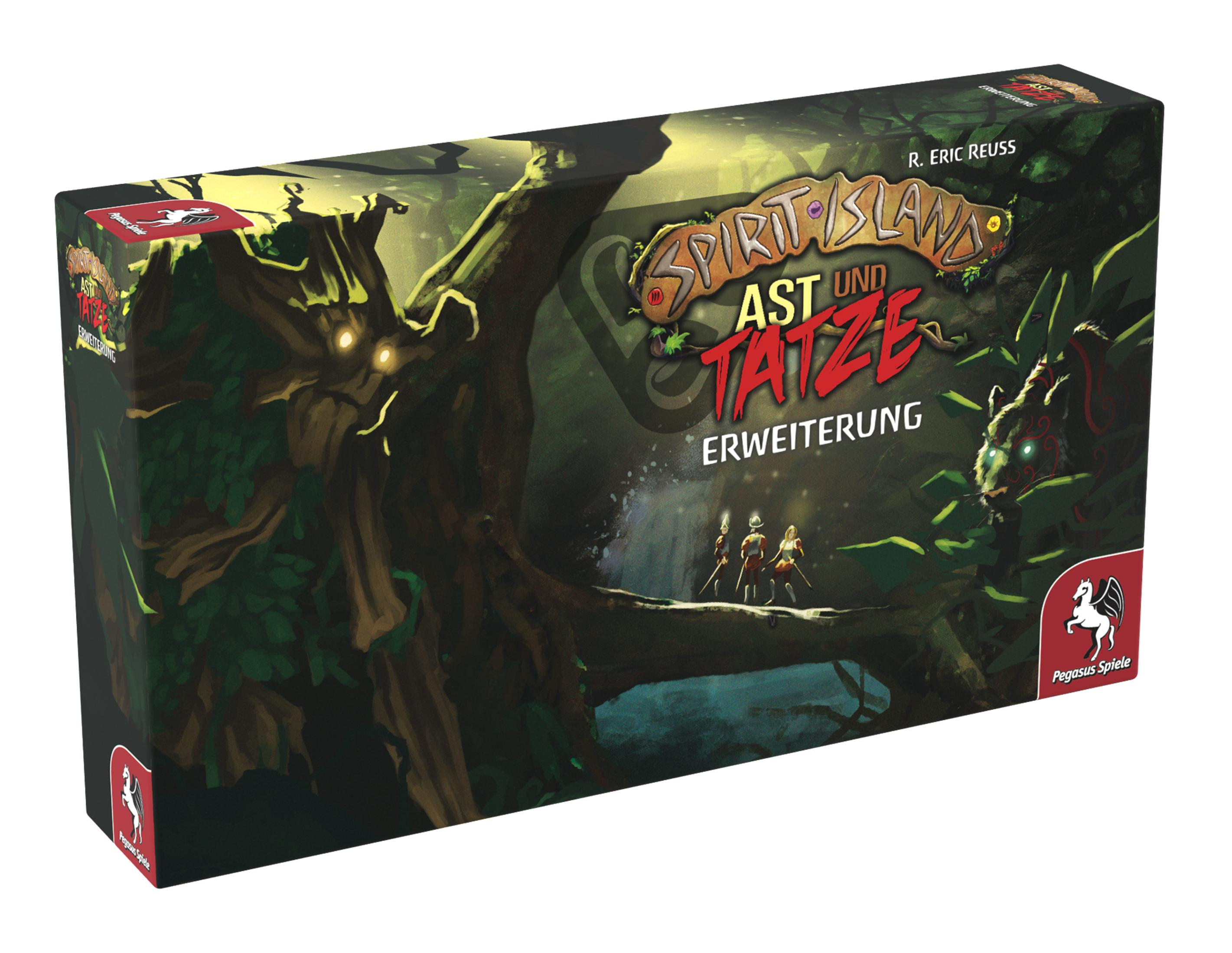 Arte de caja para un juego de mesa, 'Spirit Island: Ast und Tatze', que presenta una escena forestal con figuras y criaturas.