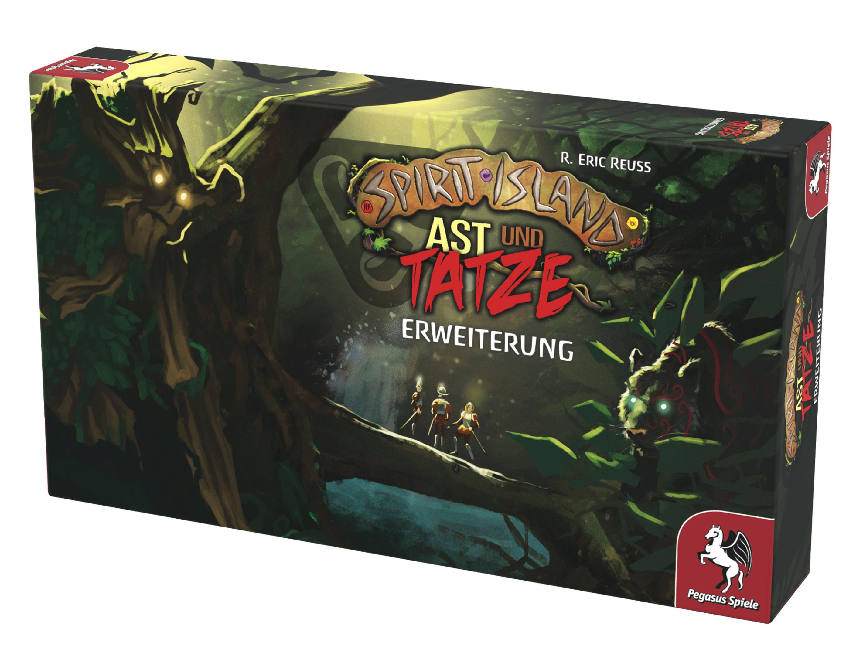 Una caja de juego de mesa con arte de fantasía de un bosque, un árbol y dos figuras.