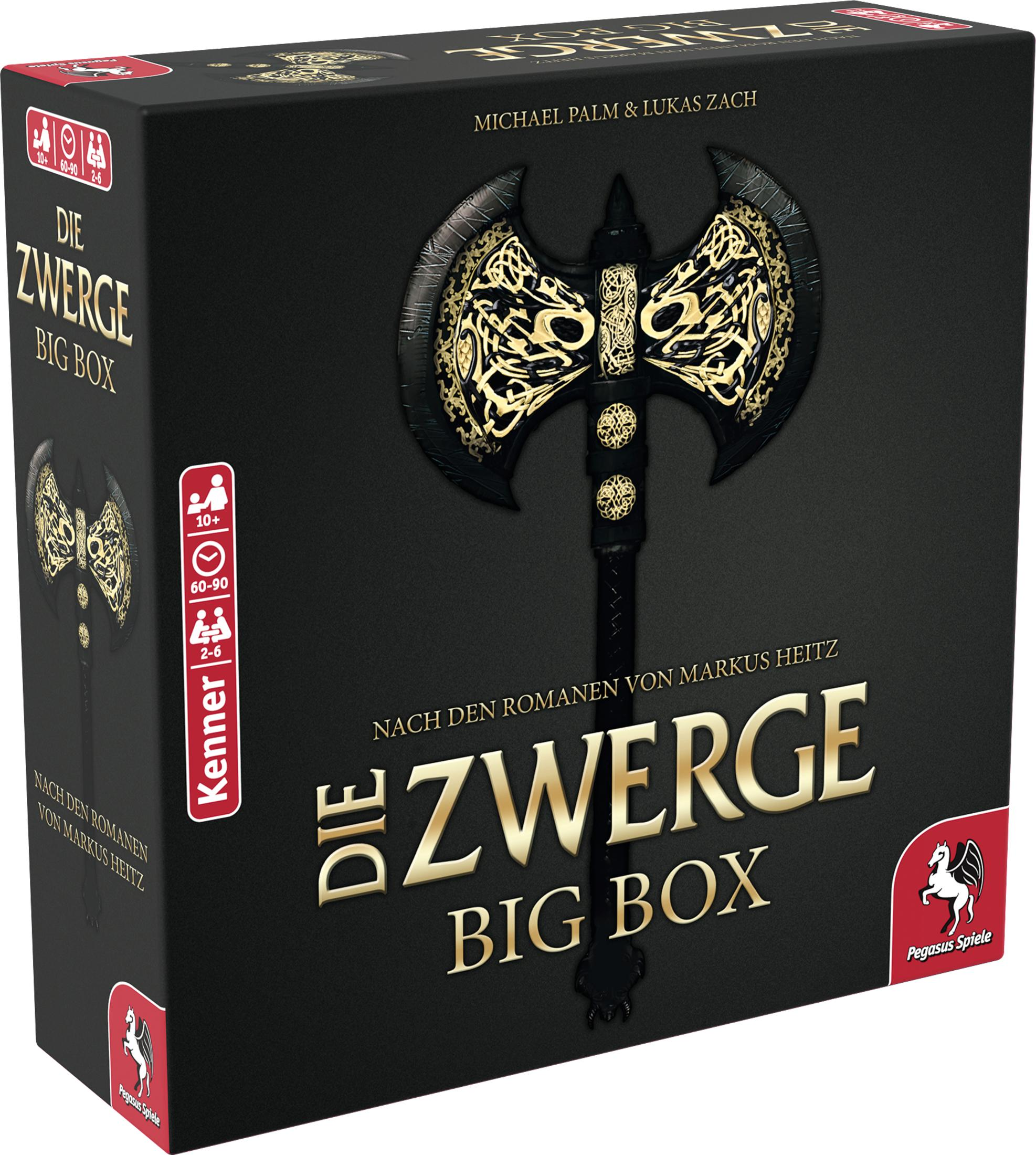 Spielbox mit schwarzem Hintergrund, Axt-Illustration und Titel "Die Zwerge".