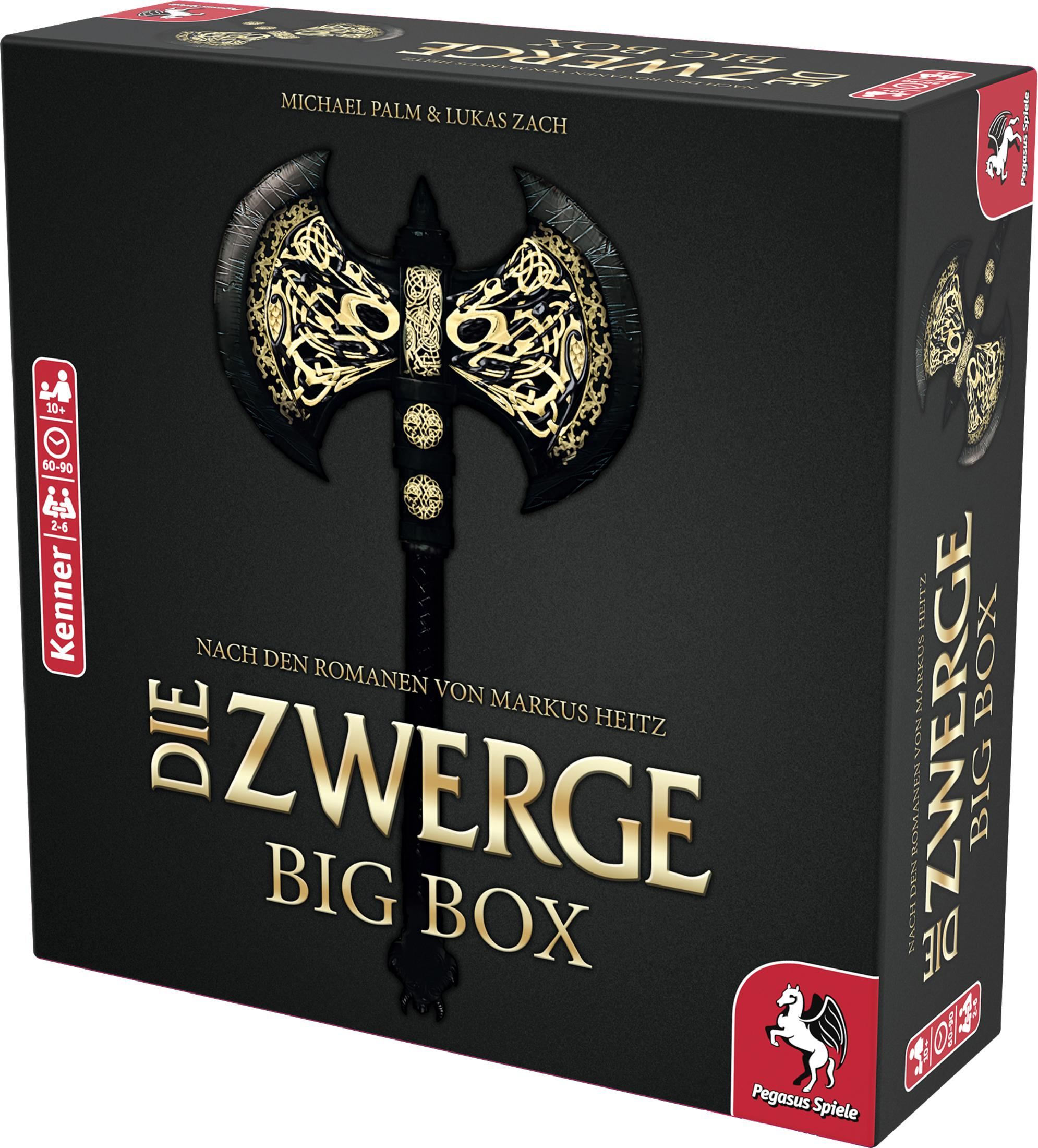 Spielbox: Die Zwerge Big Box. Es hat eine Axt und Golddesign. Die Box hat das Pegasus Spiele Logo.