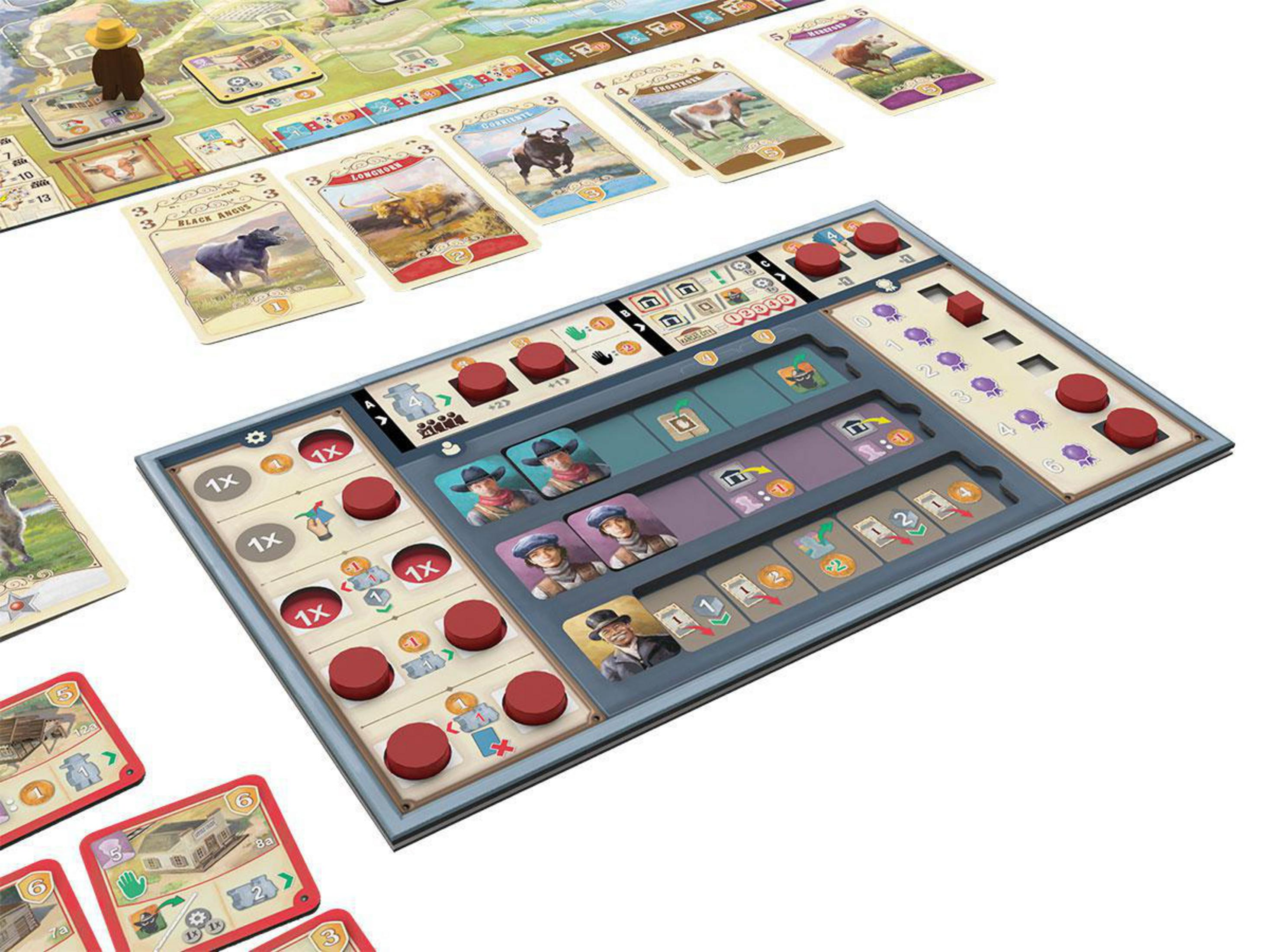 Brettspiel mit Karten, roten Teilen und Spielsteinen.