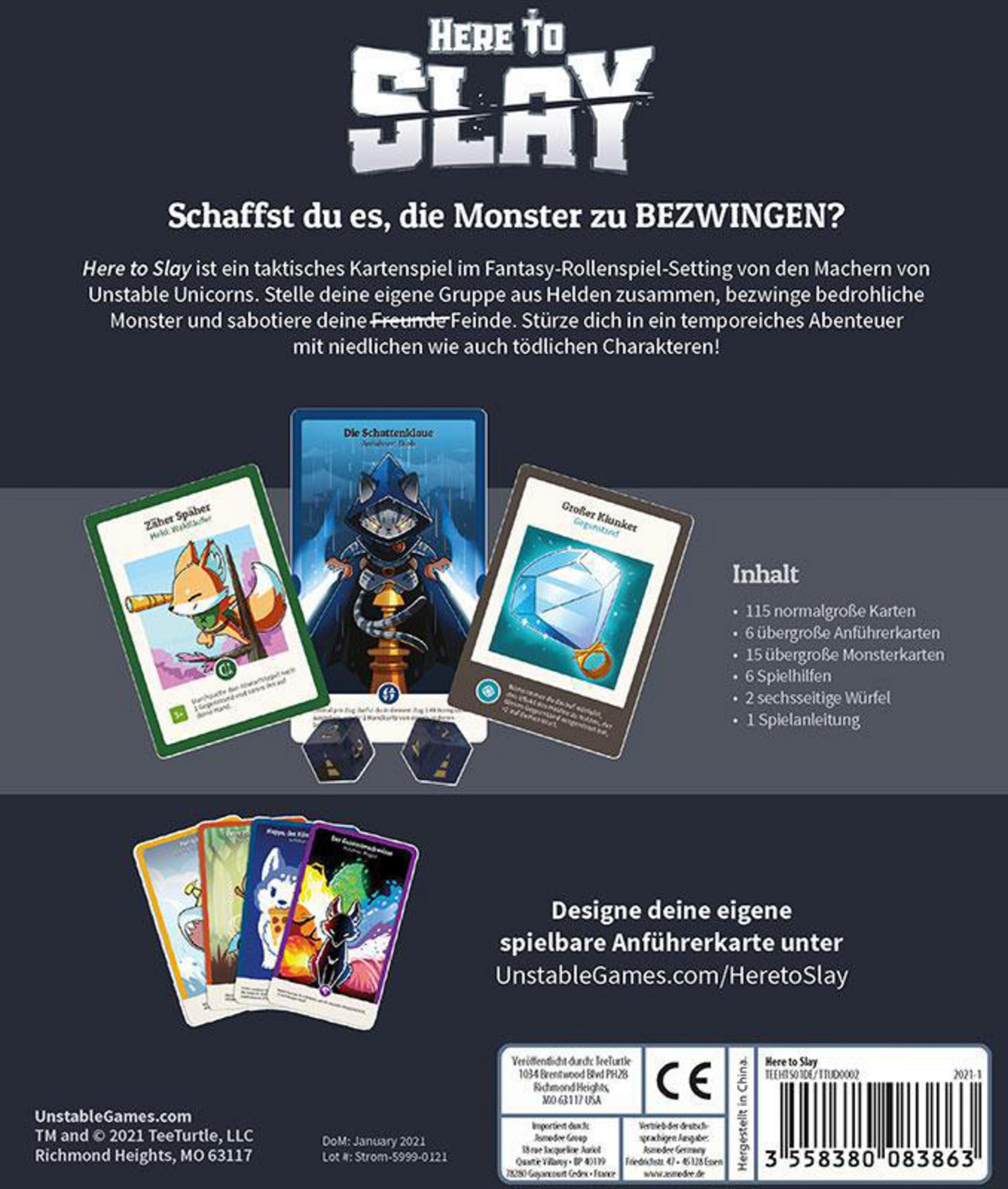 Here to Slay Kartenspielbox und Karten mit Fantasy-Charakteren.