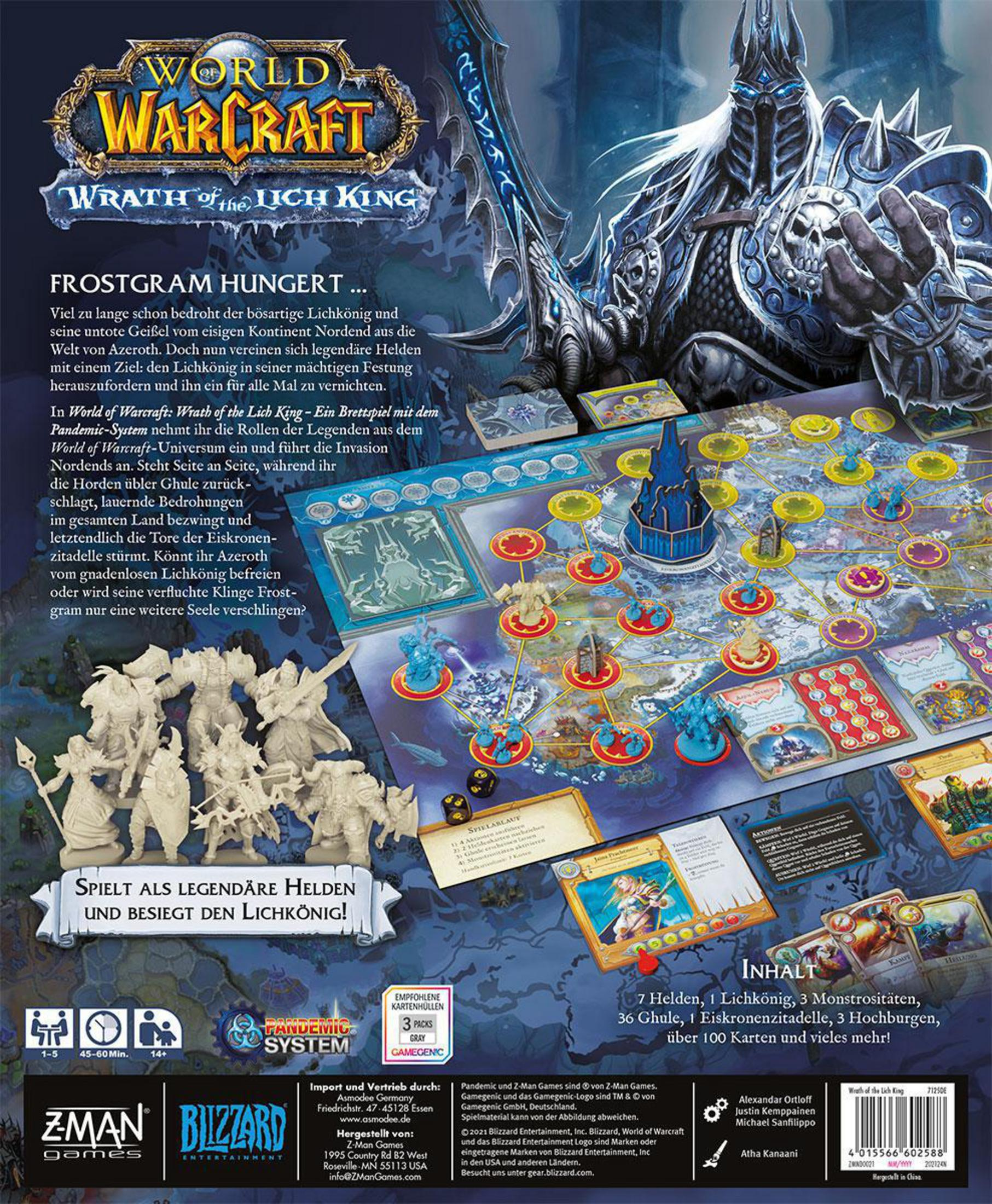 Rückseite einer World of Warcraft Brettspielbox. Zeigt Spielkomponenten und Gameplay-Details.