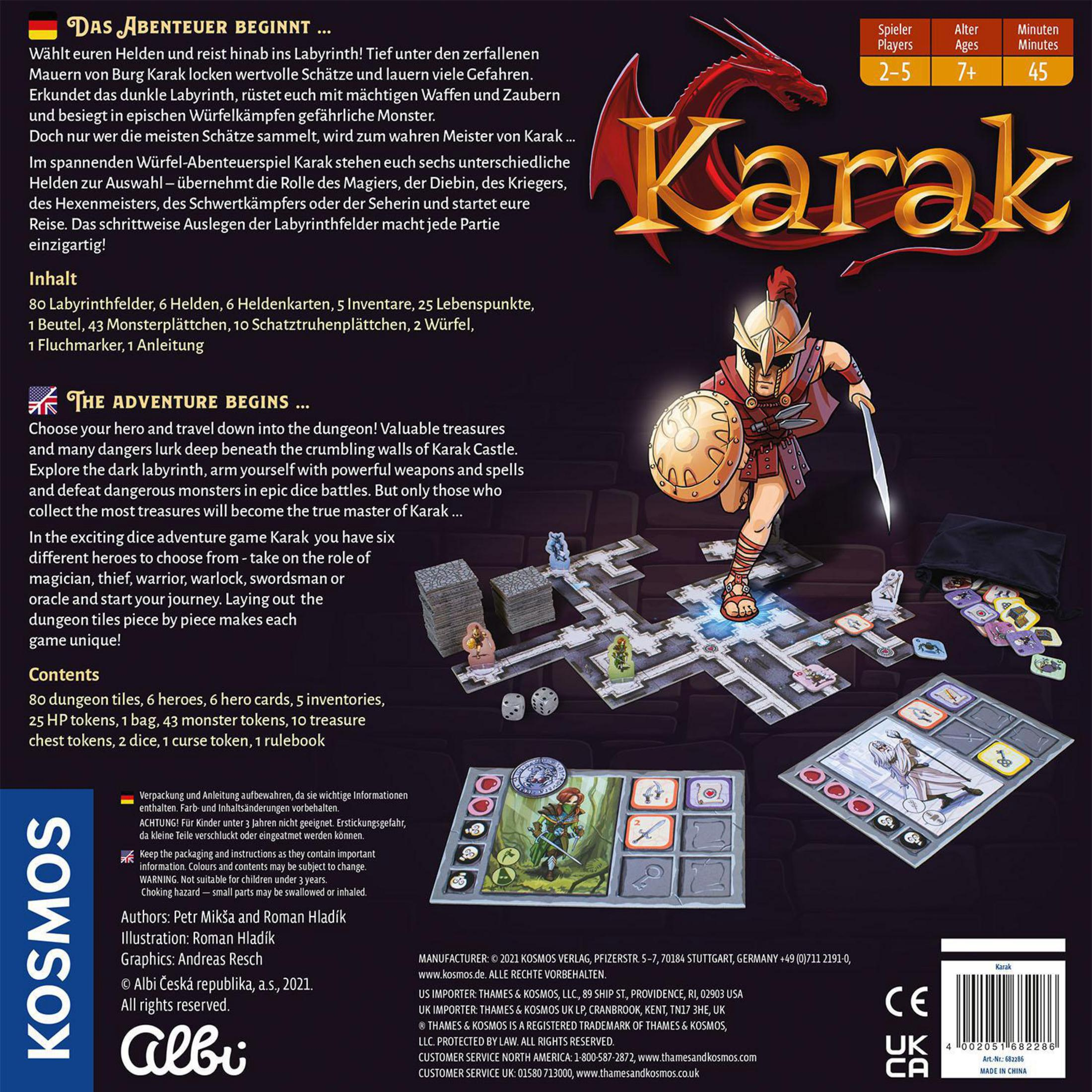 Brettspielbox: Karak, mit einem Krieger mit Schild und einer Dungeon-Karte.