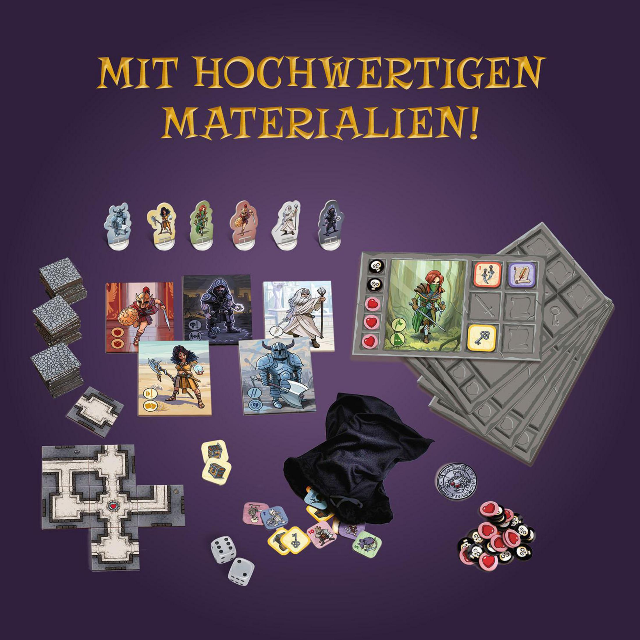Brettspiel mit Spielsteinen, Karten und Würfeln, alles auf lila Hintergrund angeordnet.