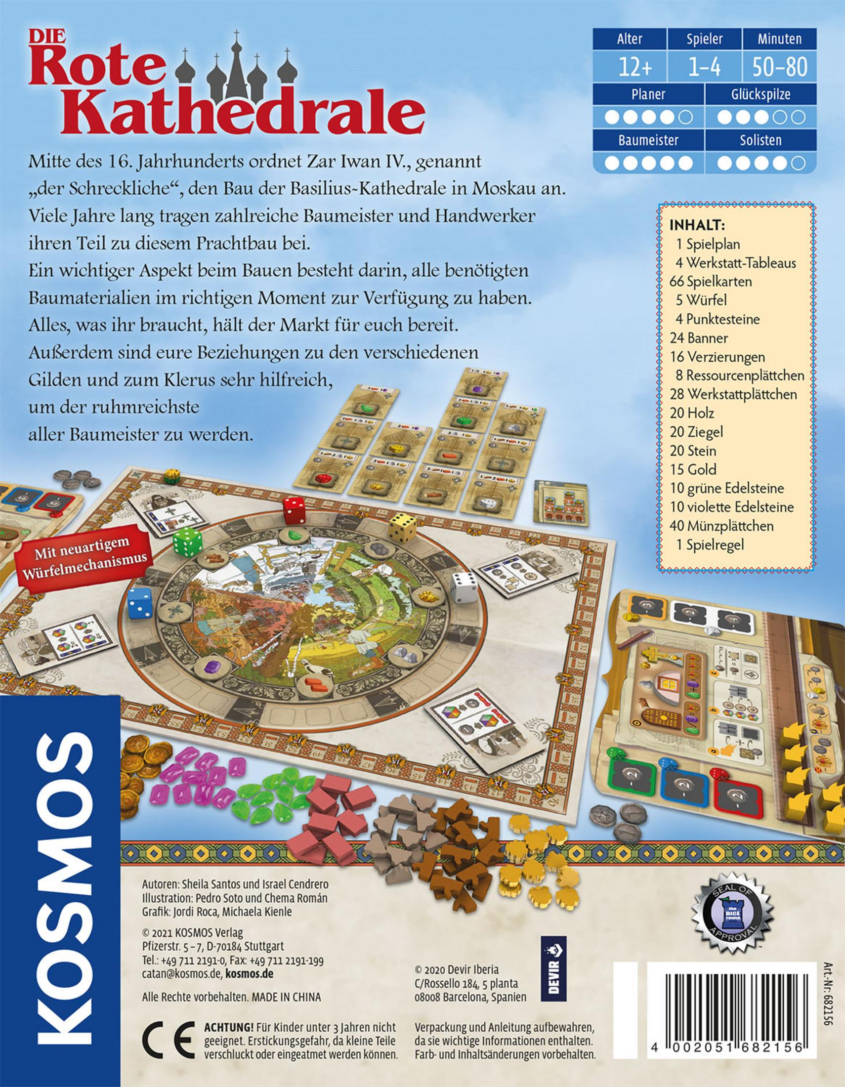 Die Rückseite einer Brettspielbox mit Text, Spielsteinen und einer Illustration einer Kathedrale.