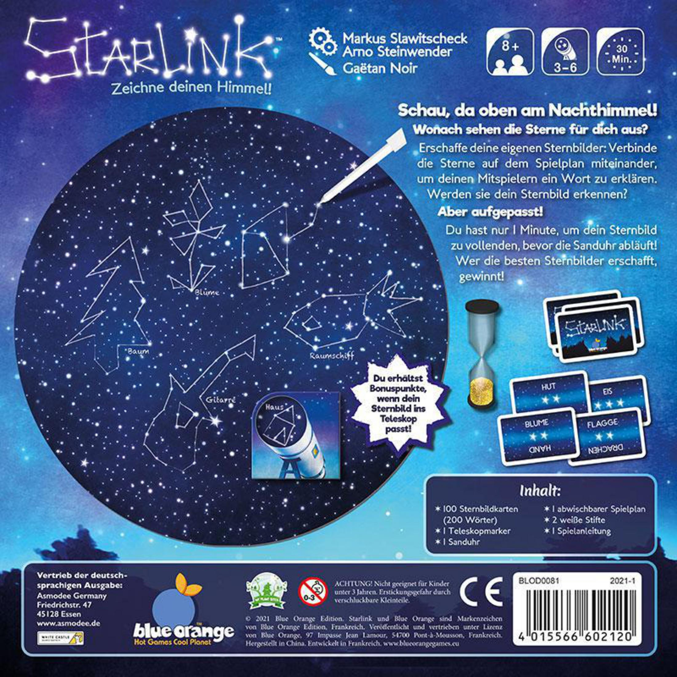 Ein Brettspielkarton mit Sternenhimmel-Design, und Elemente des Spiels werden angezeigt.