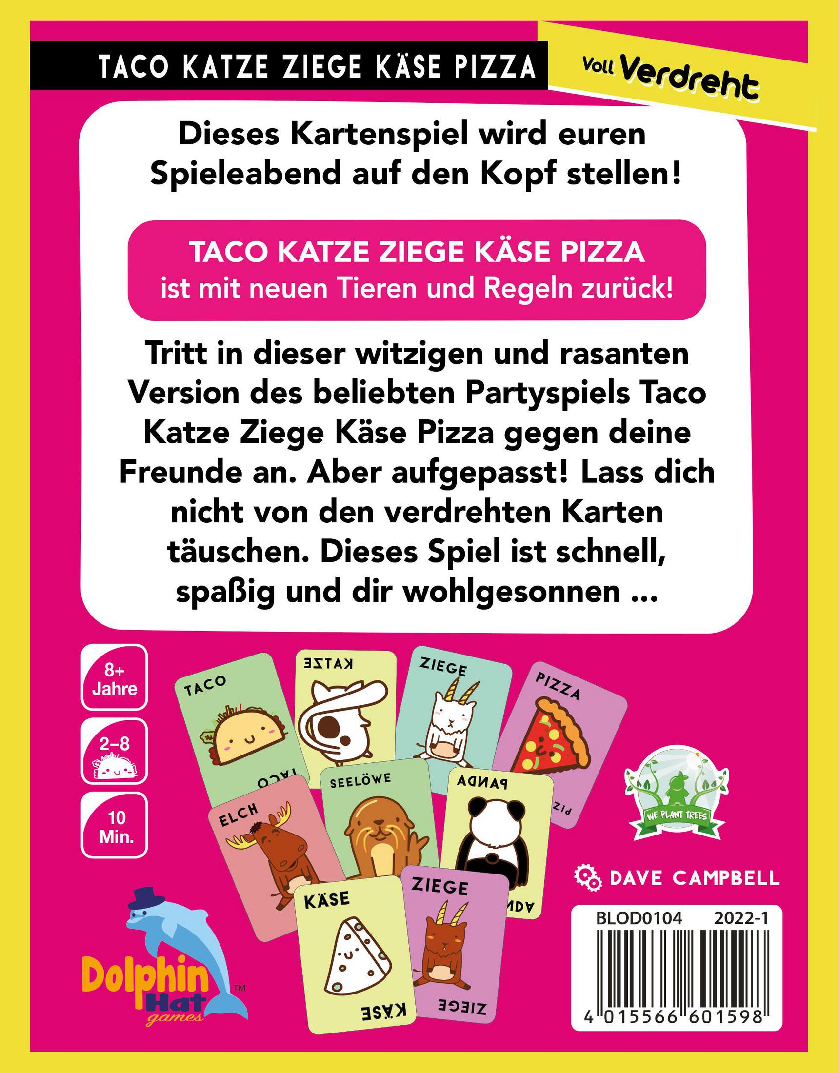 Rückseite der Taco Katze Ziege Käse Pizza Kartenspielbox mit illustrierten Karten.