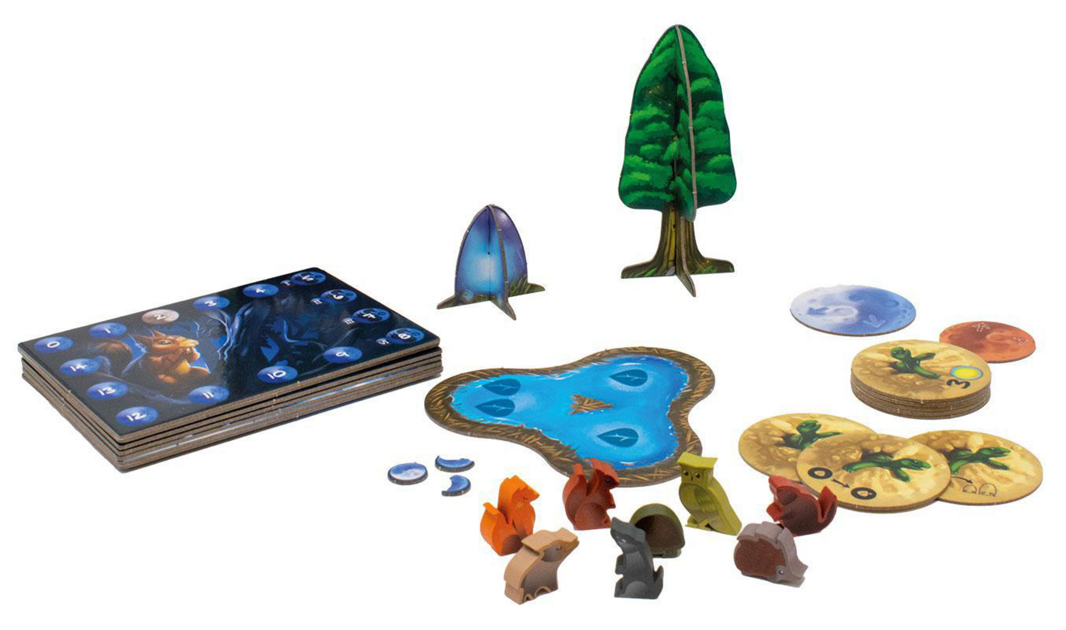 Brettspiel mit Teilen: See, Baum, Figuren und Token auf weißem Hintergrund.