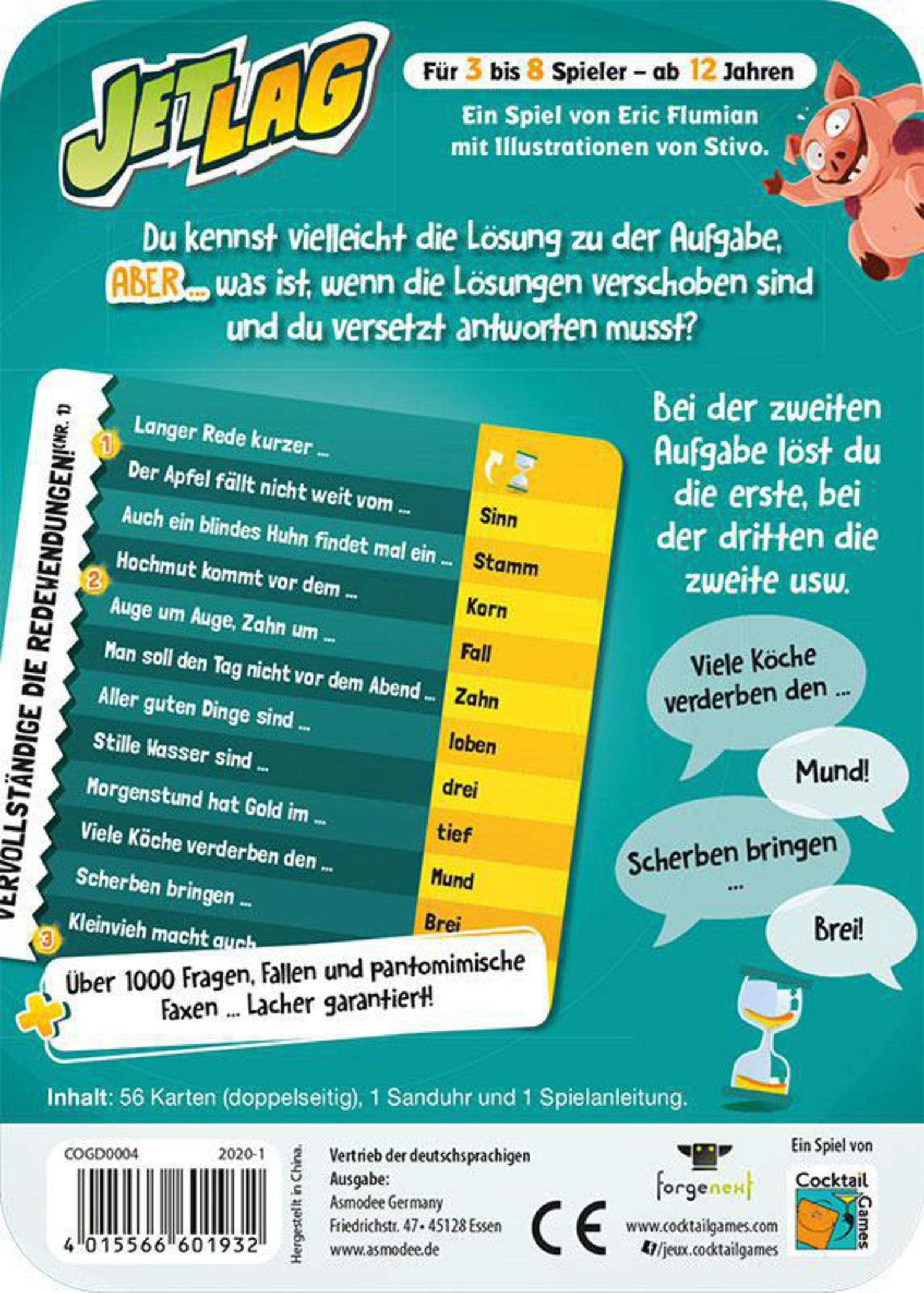 Brettspiel Jetlag mit Karten und Text auf Deutsch.