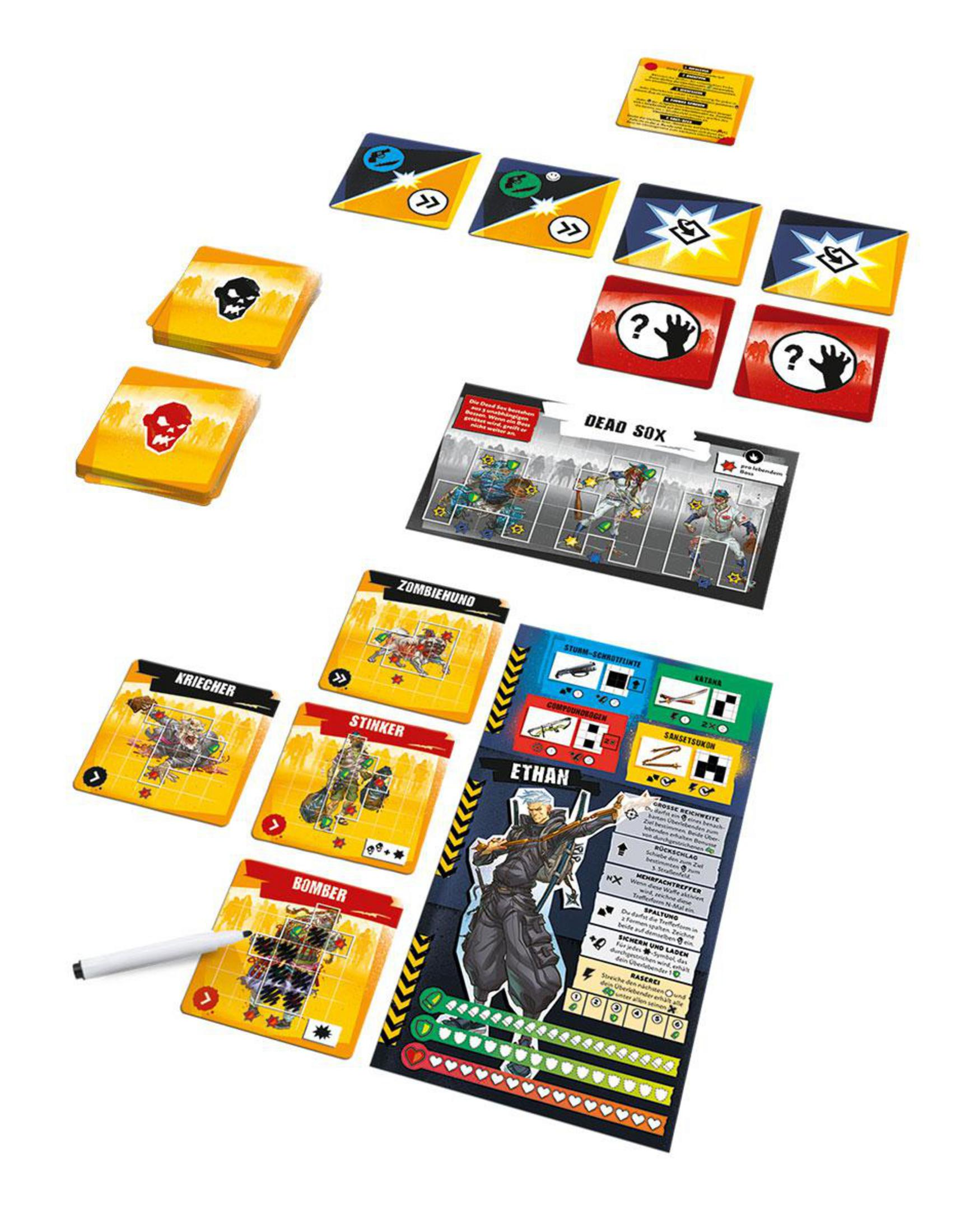 Brettspielkomponenten: Karten, ein Spielbrett und ein Stift, angeordnet auf weißem Hintergrund.