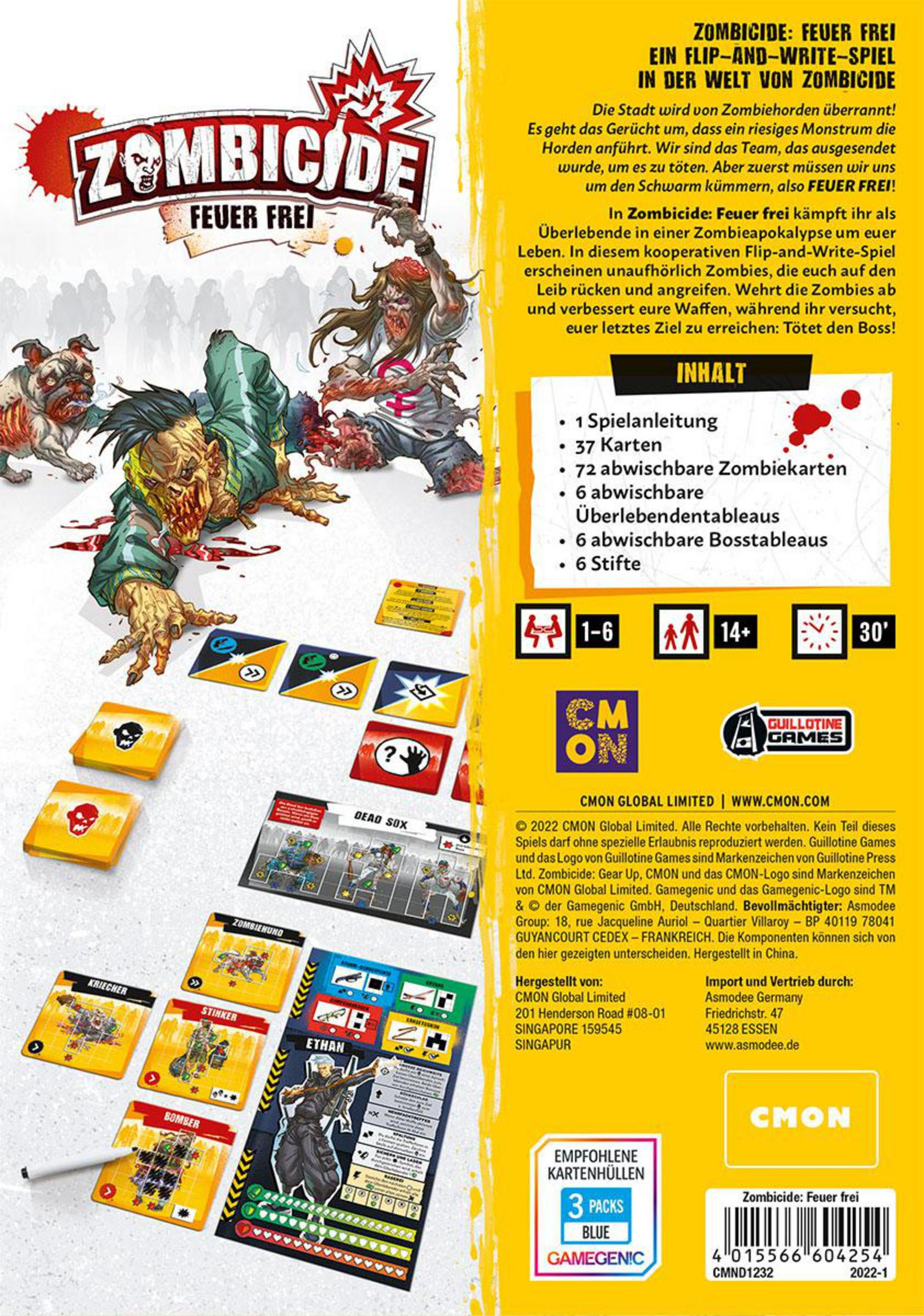 Spielbox-Rückseite für Zombicide: Feuer Frei, mit Spielkomponenten, Zombies und Spielinformationen.