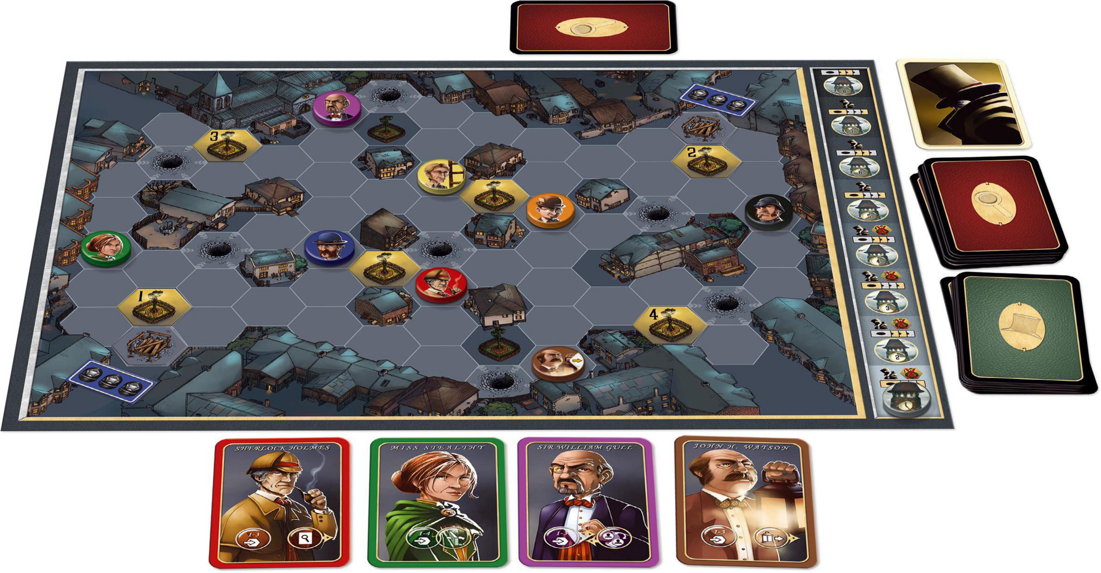 Brettspiel mit detaillierter Stadtkarte und Charakterkarten, Spielsteine auf dem Tisch.