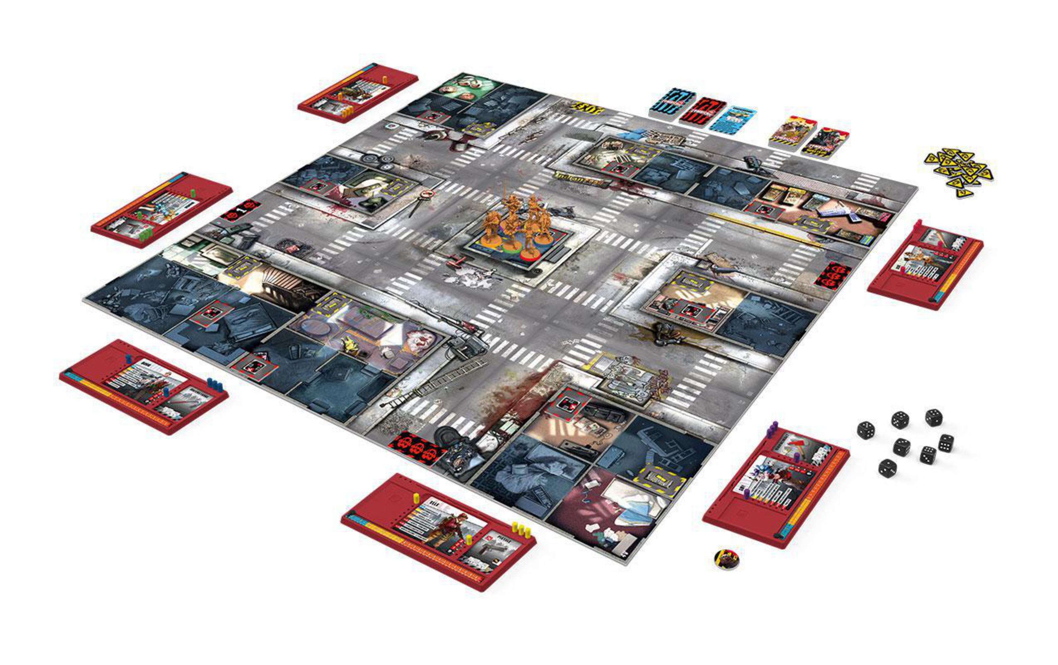 Ein Brettspiel zum Thema Zombies mit Spielsteinen und einem Spielbrett.