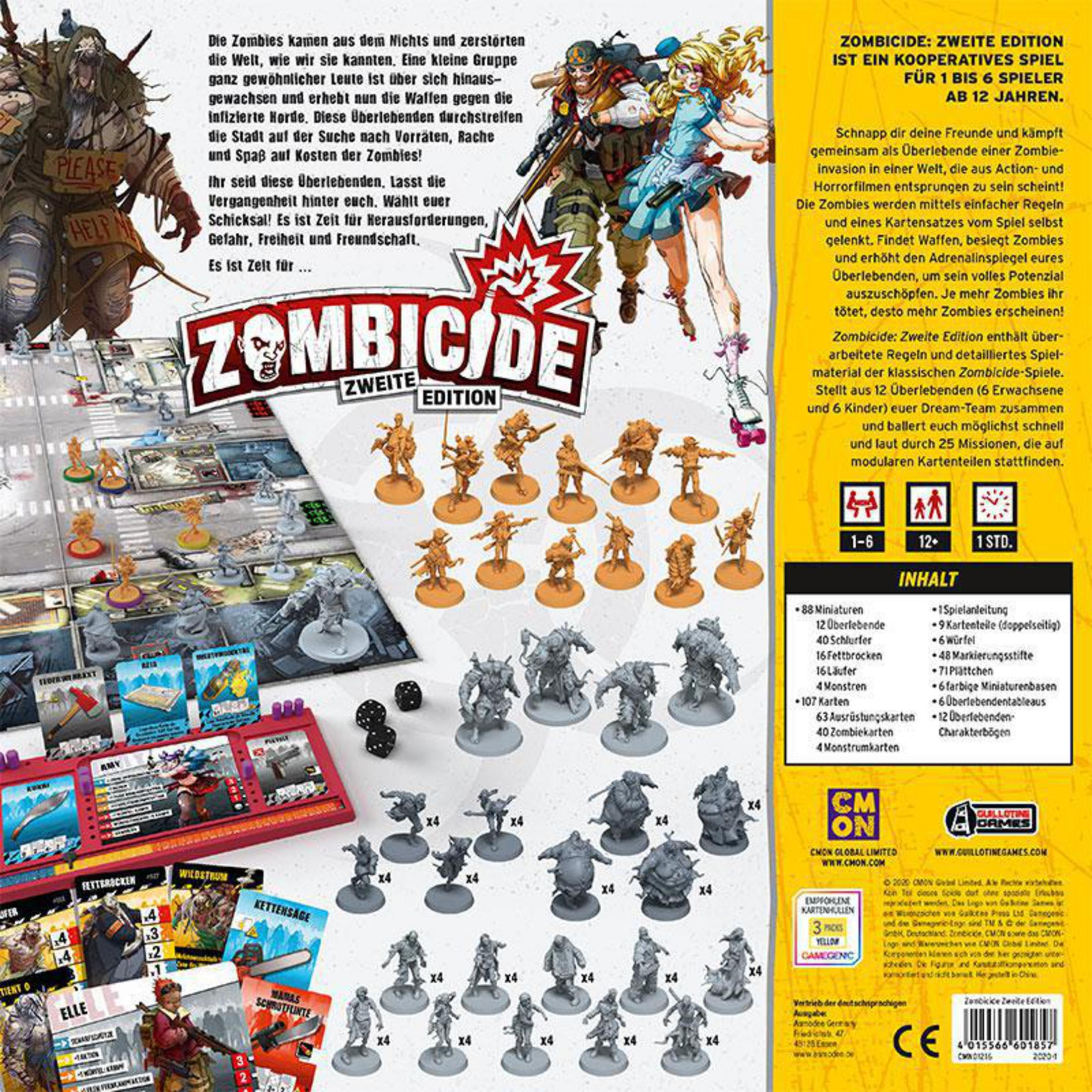 Zombicide Brettspiel-Box. Es zeigt Zombies, Charaktere und das Spiel-Logo.
