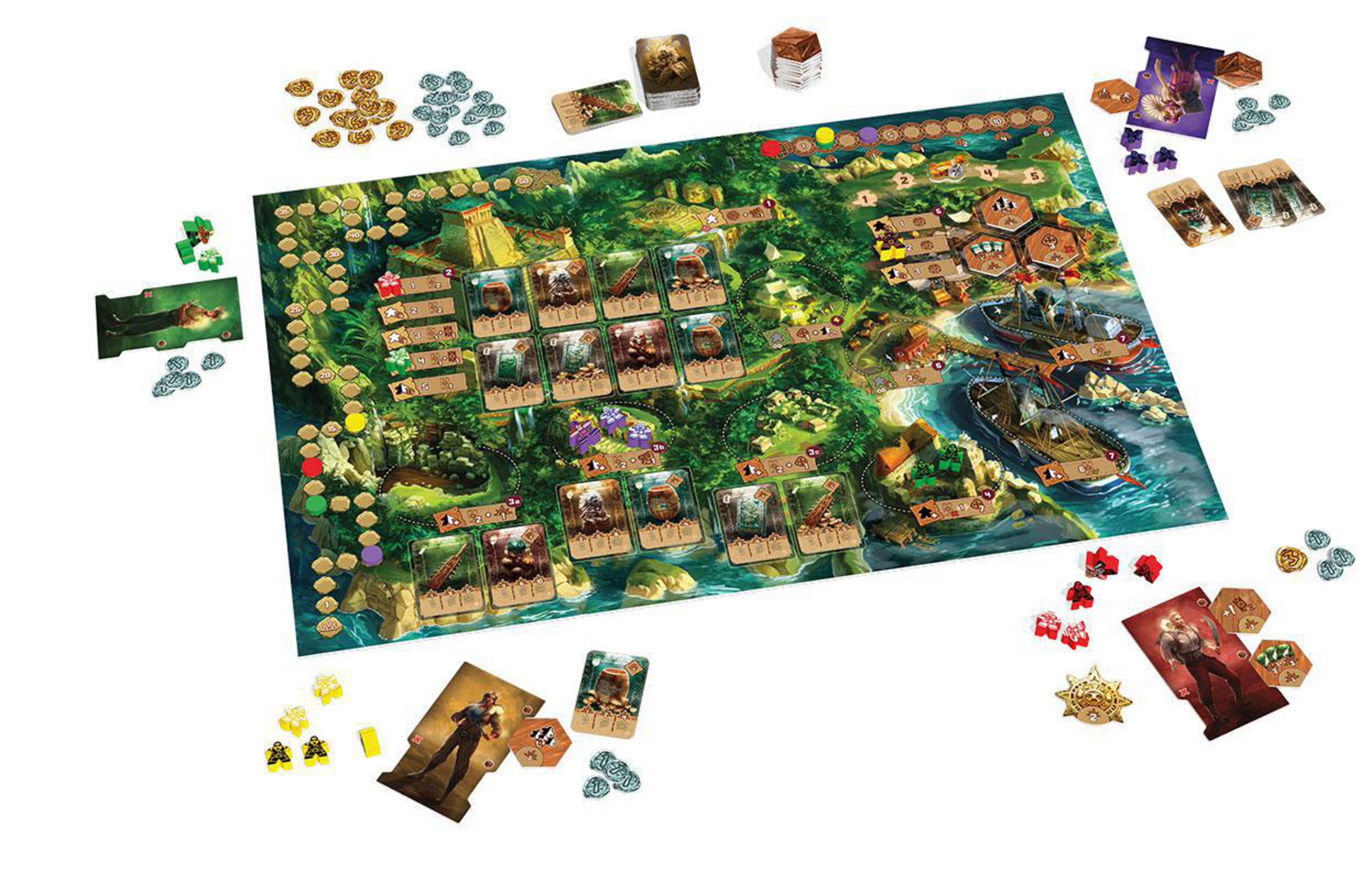Brettspiel mit farbenfrohem Brett, Karten und Spielsteinen auf weißem Untergrund.