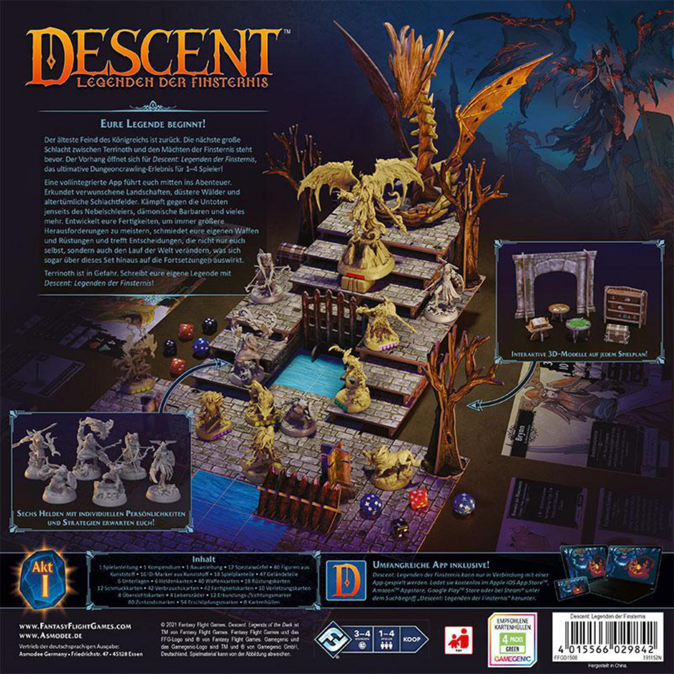 Brettspiel mit Figuren auf einer Karte. Drache und Charaktere auf Stufen, Bäumen und Karten auf einem Tisch.