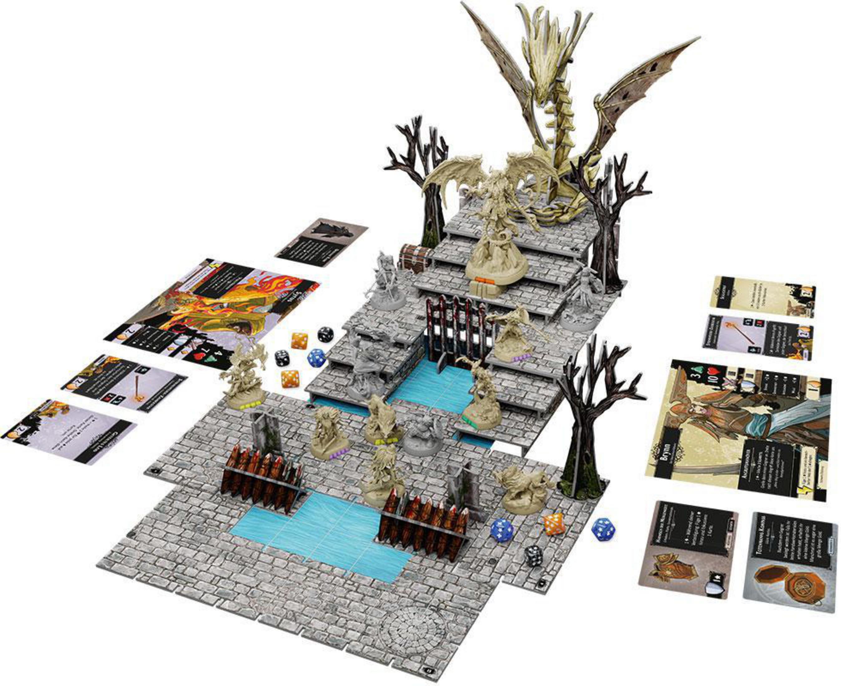 Ein Brettspielaufbau mit Figuren, Spielsteinen und einem Drachen.