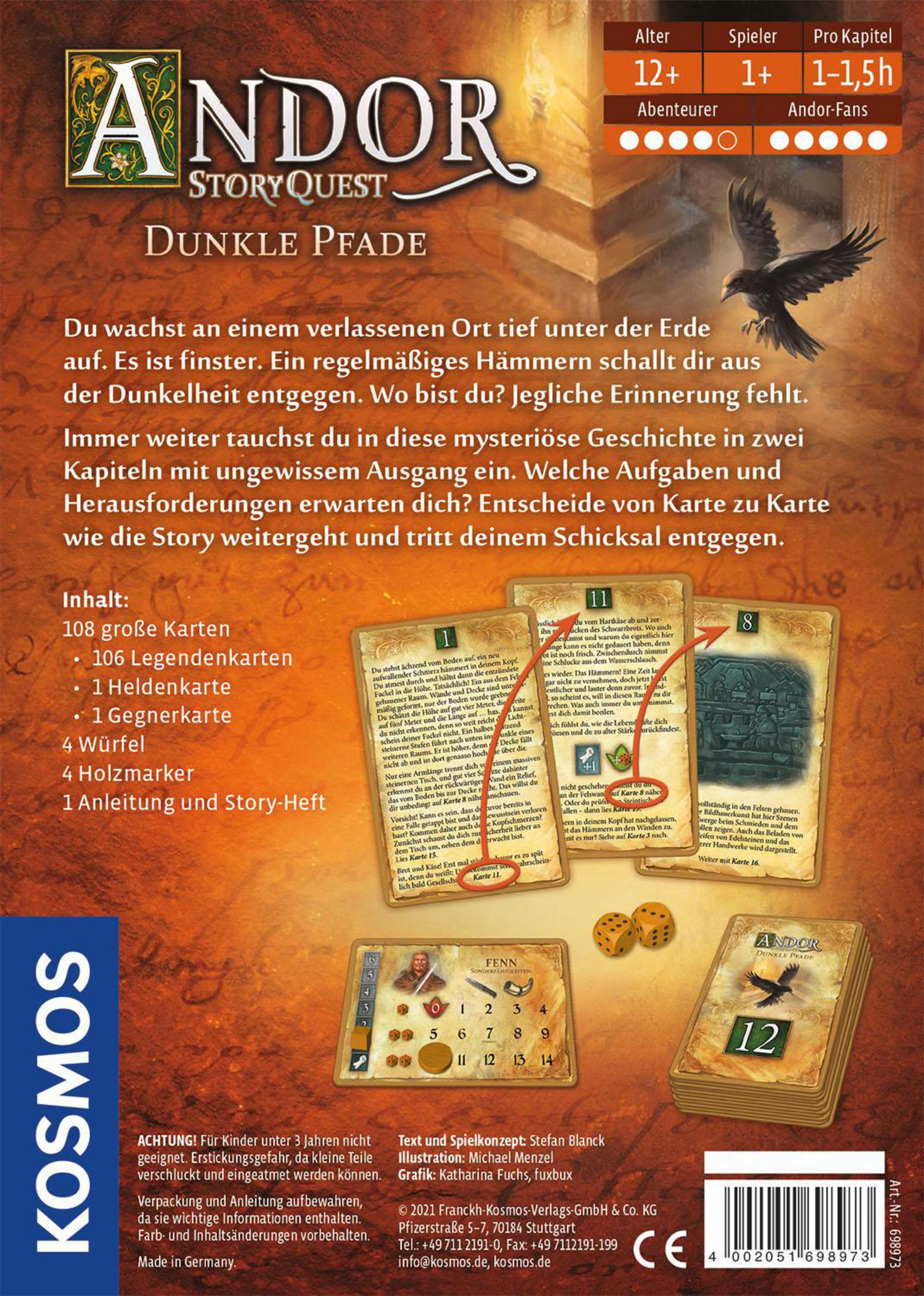 Spielbox. Text und Illustrationen von Karten. Würfel und Spielkomponenten sind sichtbar.
