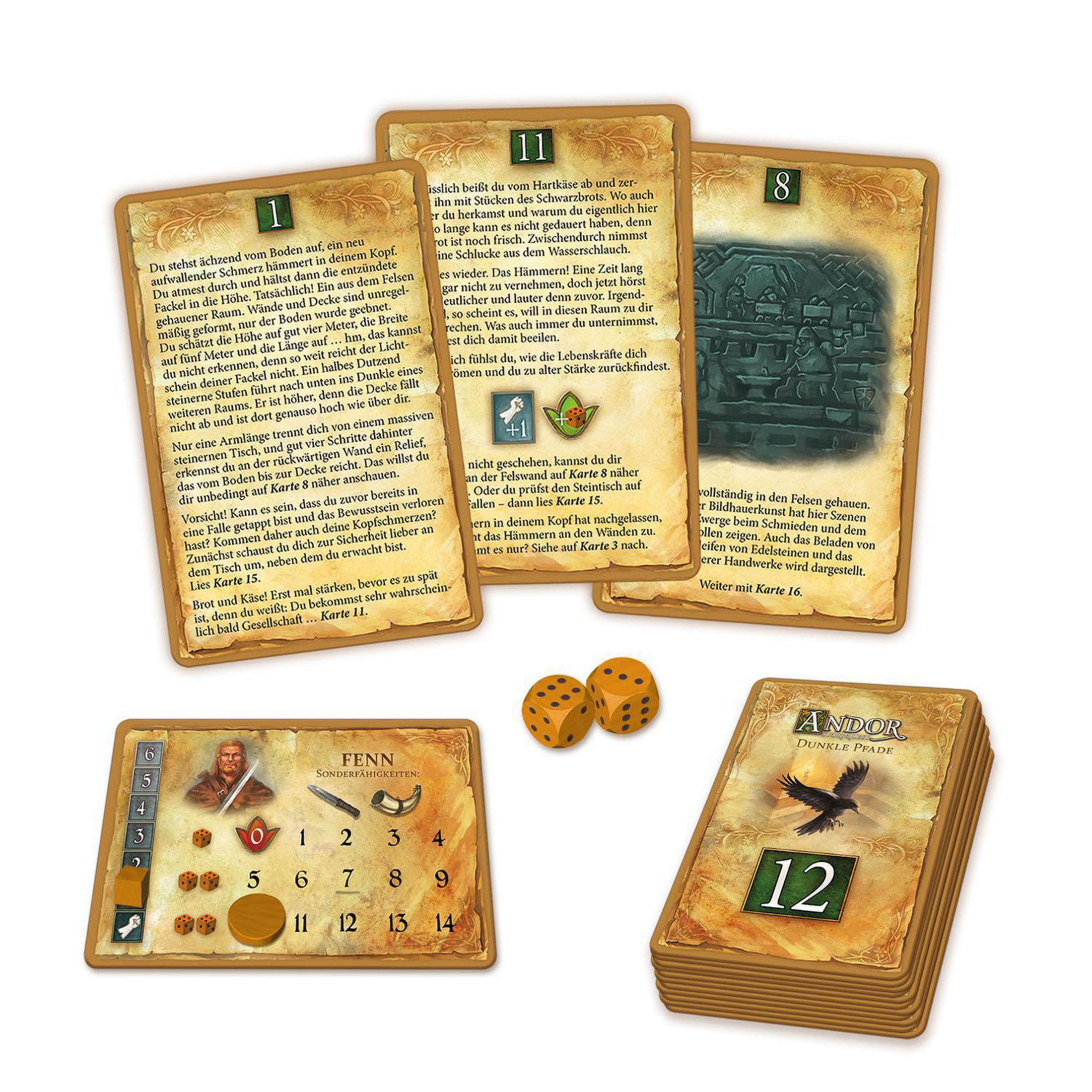 Brettspielkarten mit Text und Bildern, Würfel und Holzmarken. Dunkler Hintergrund.