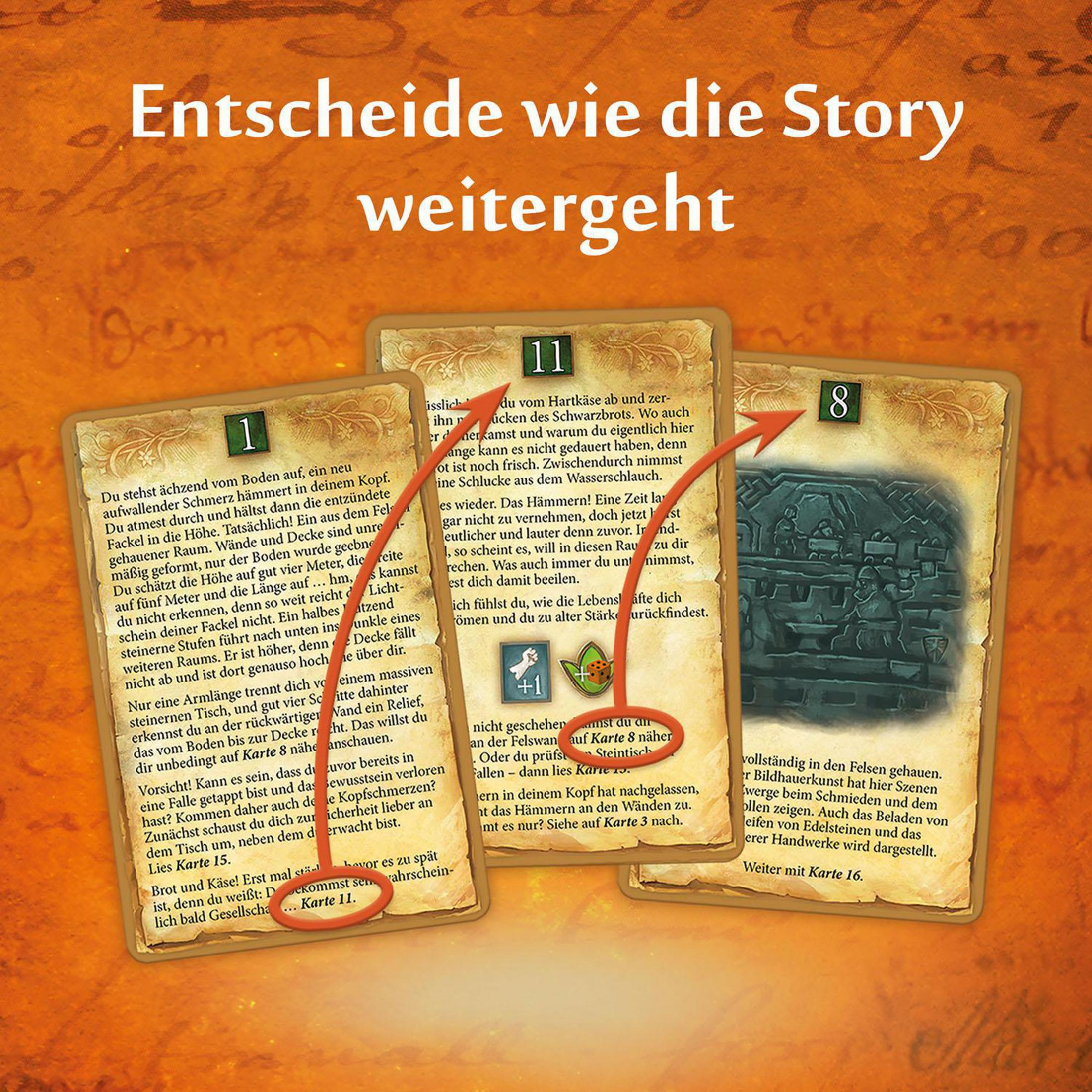 Drei Karten mit Text und Pfeilen, Spielkarten.