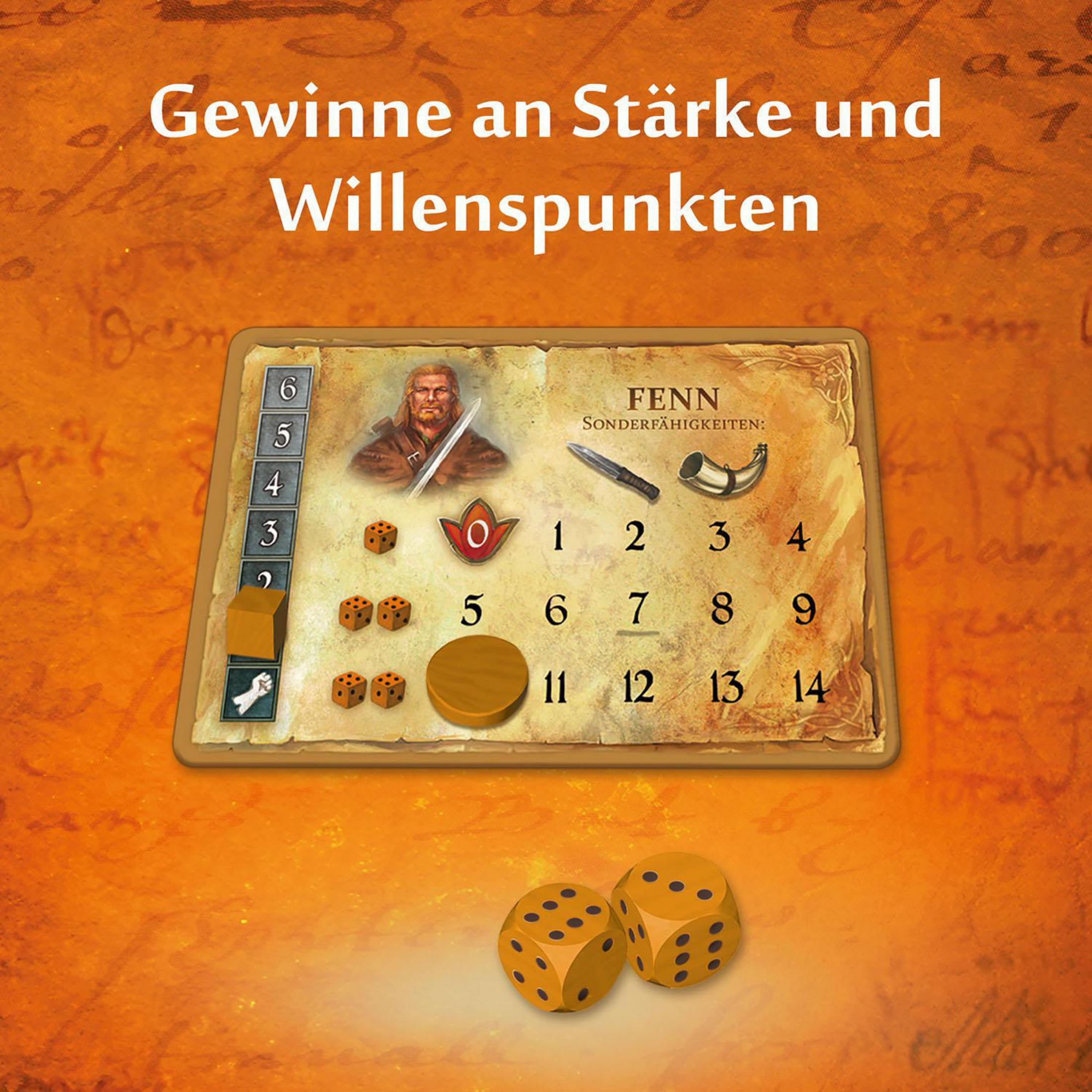 Brettspielkomponenten. Würfel und ein Spielbrett sind sichtbar.