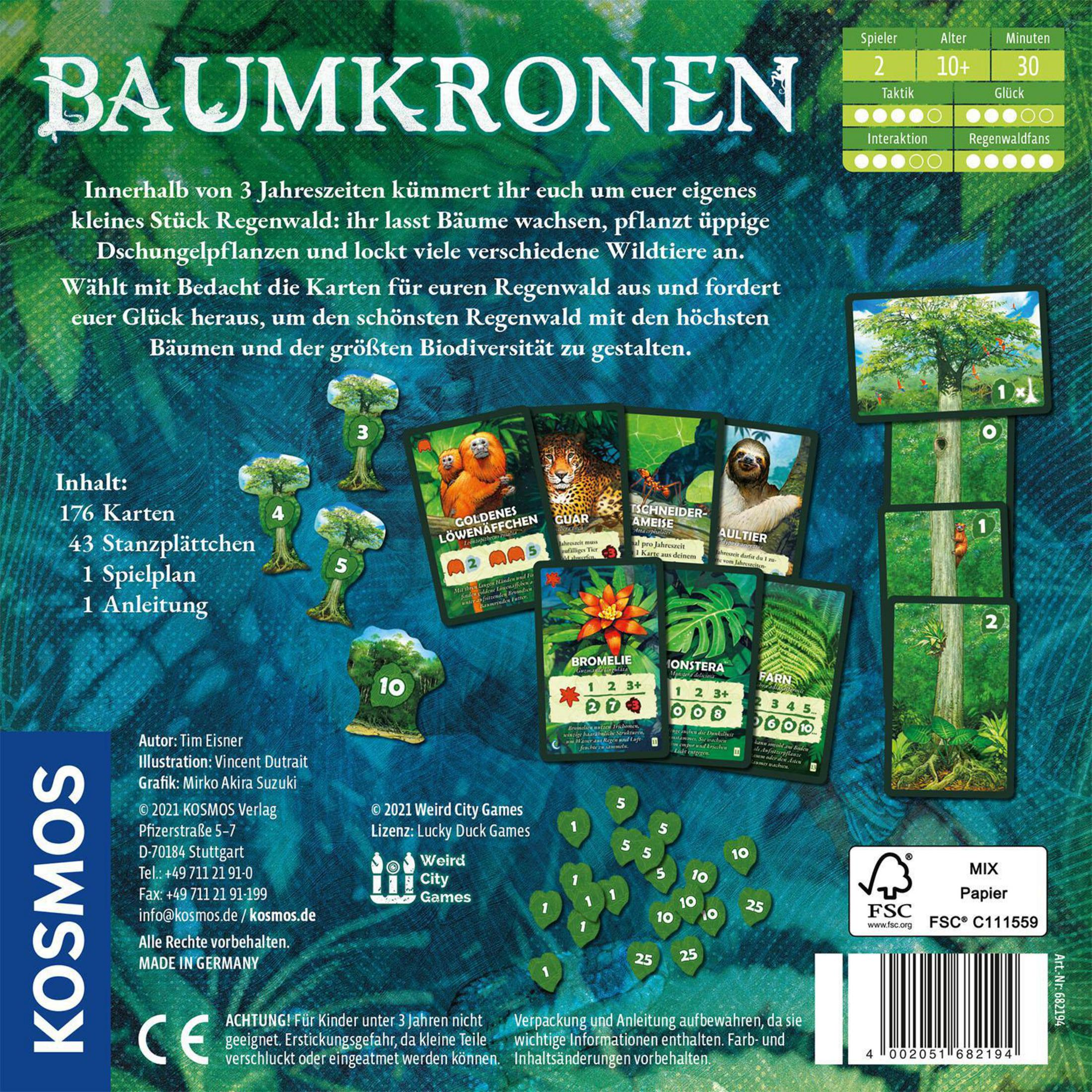 Le dos d'une boîte de jeu de société. Le jeu s'appelle Baumkronen. Des cartes d'arbres et d'animaux sont montrées.