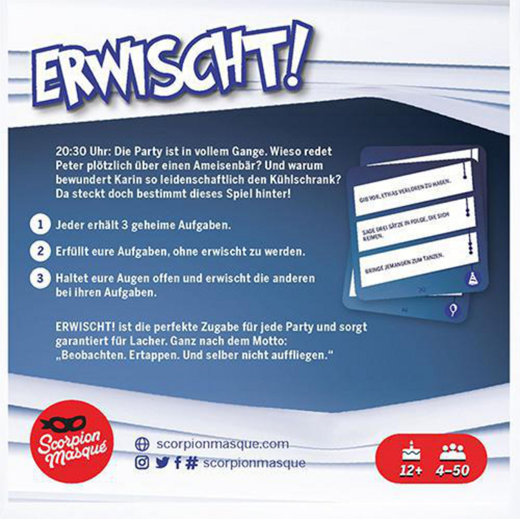 Eine Spielbox mit der Aufschrift 'Erwischt!' mit Text und Kartenillustrationen.