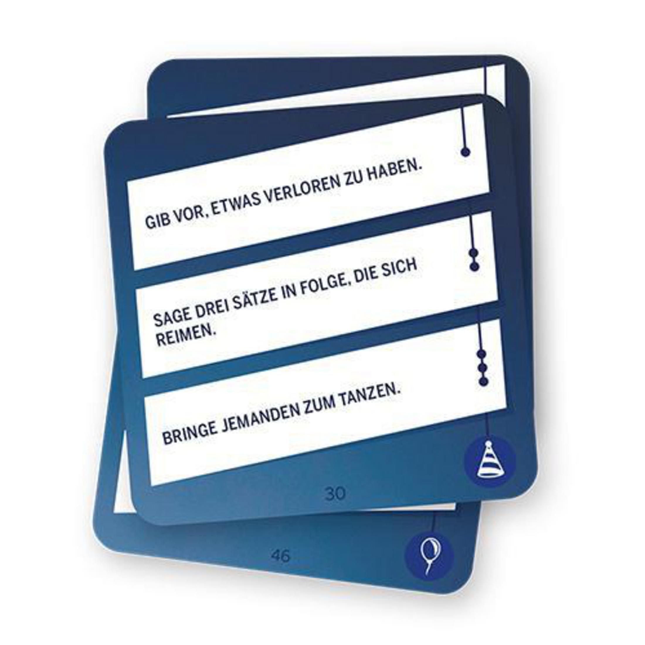 Zwei Karten mit deutschem Text. Die Karten enthalten Aufforderungen für Partyspiele. Sie enthalten nummerierte Aufforderungen und Symbole.