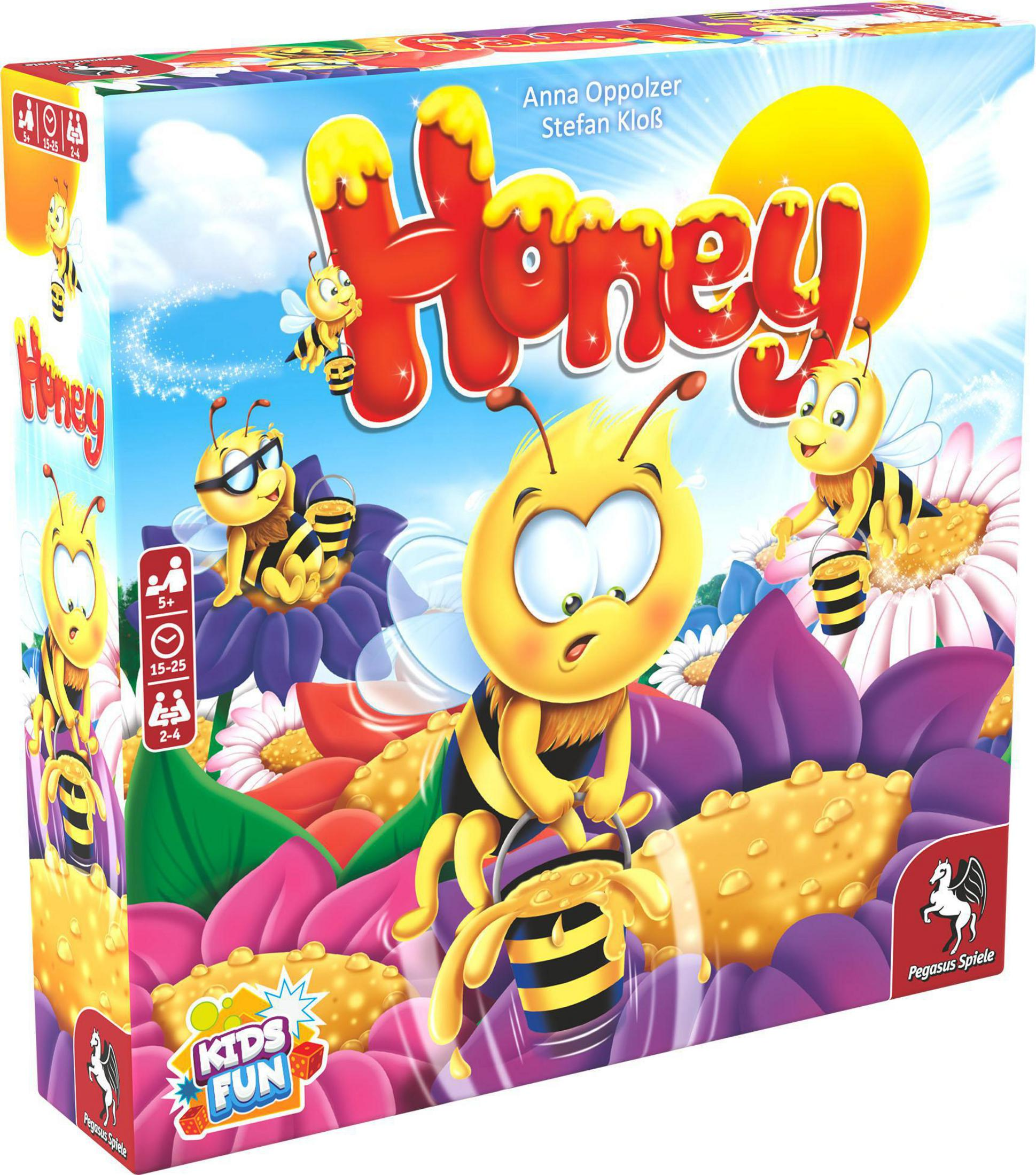 Spielbox mit einer Bienen-Cartoonfigur. Die Box ist mit 'Honey' beschriftet.
