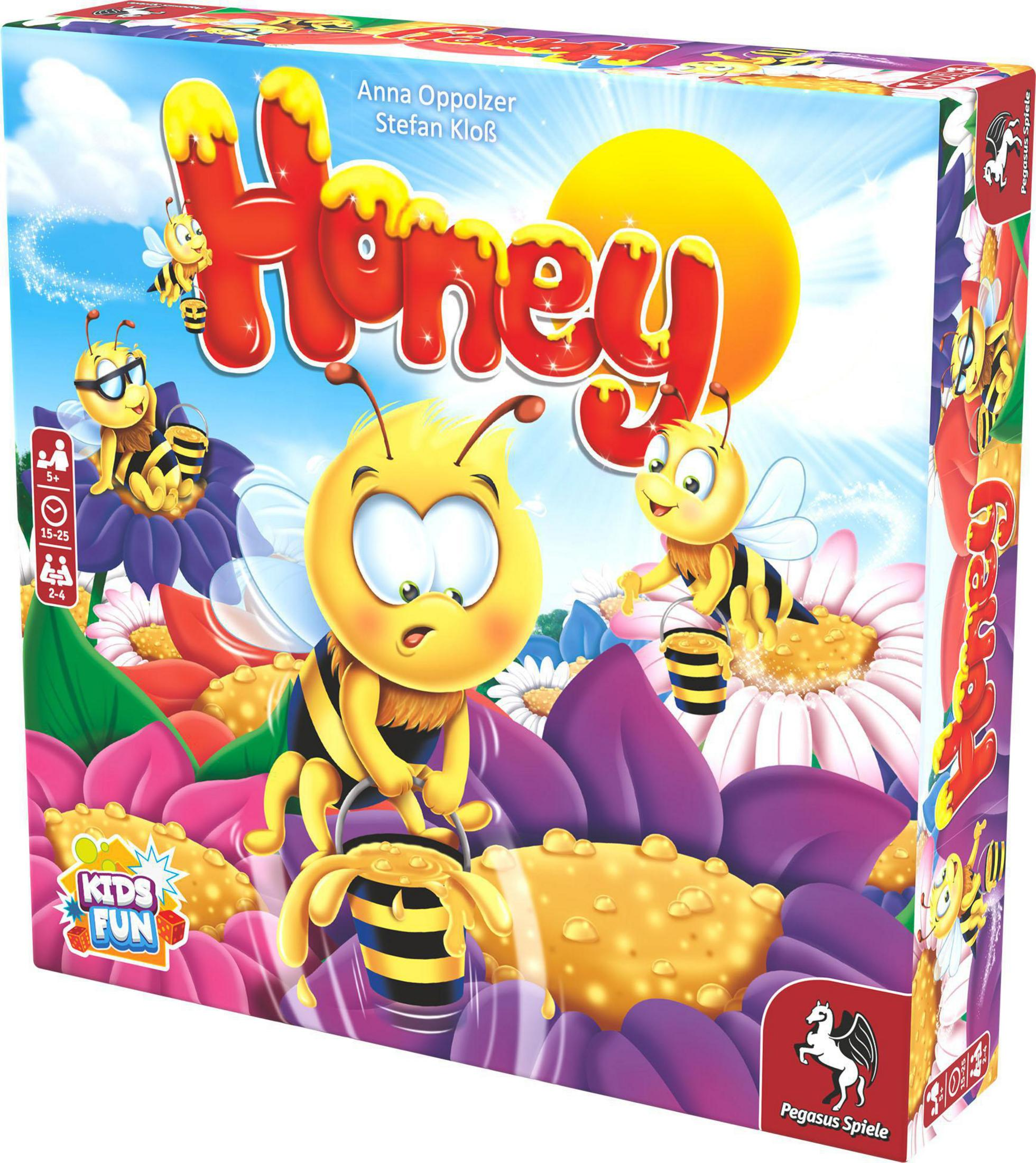 Brettspielbox mit Cartoon-Bienen, Blumen und dem Spielnamen 'Honey'.