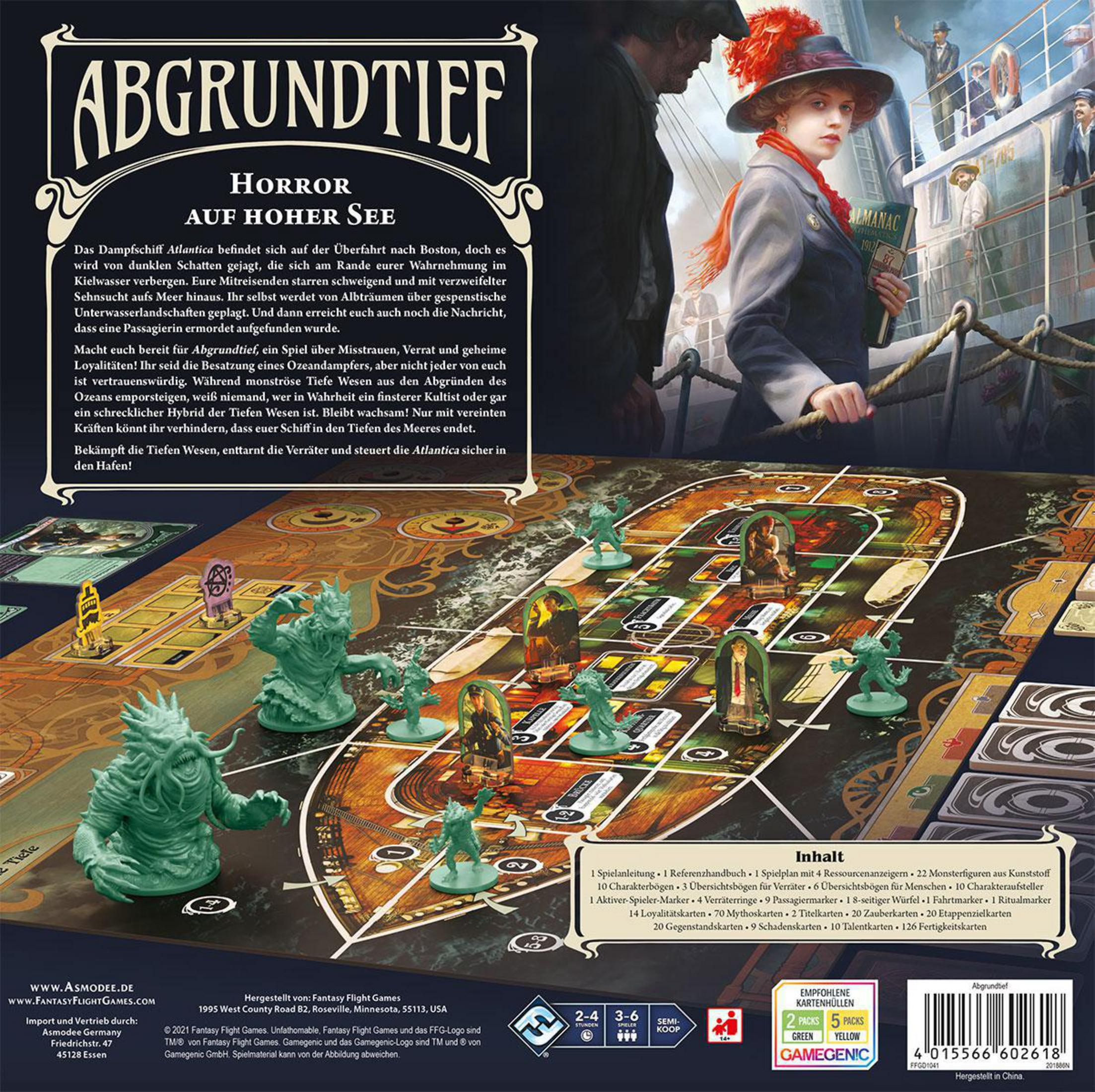 Brettspielbox mit dem Titel 'Abgrundtief'. Artwork zeigt eine Frau auf einem Schiff, mit Charakteren und Monstern im Hintergrund.