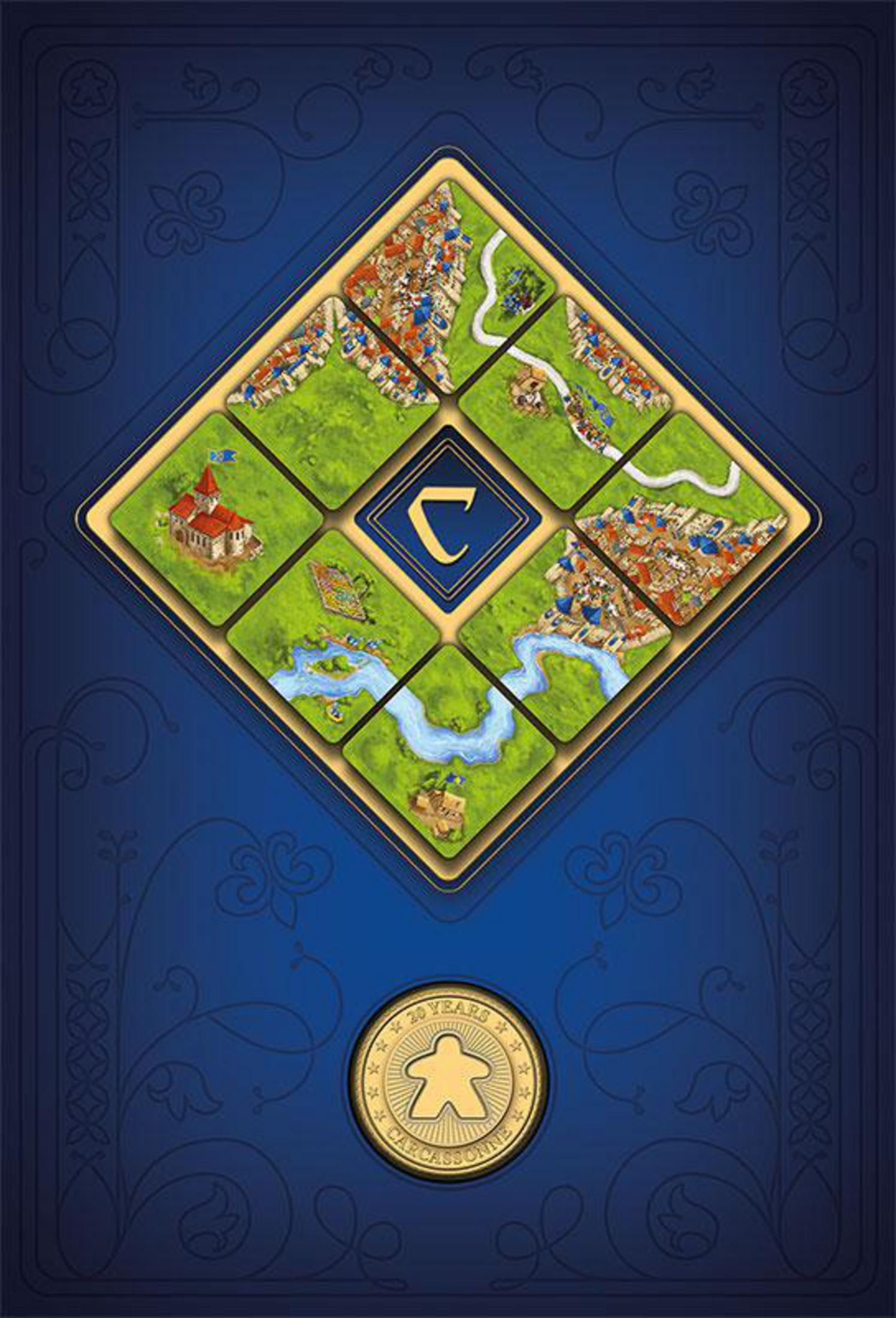 Spielbox-Cover. Blauer Hintergrund mit Diamant-Design. Spielsteine sichtbar.