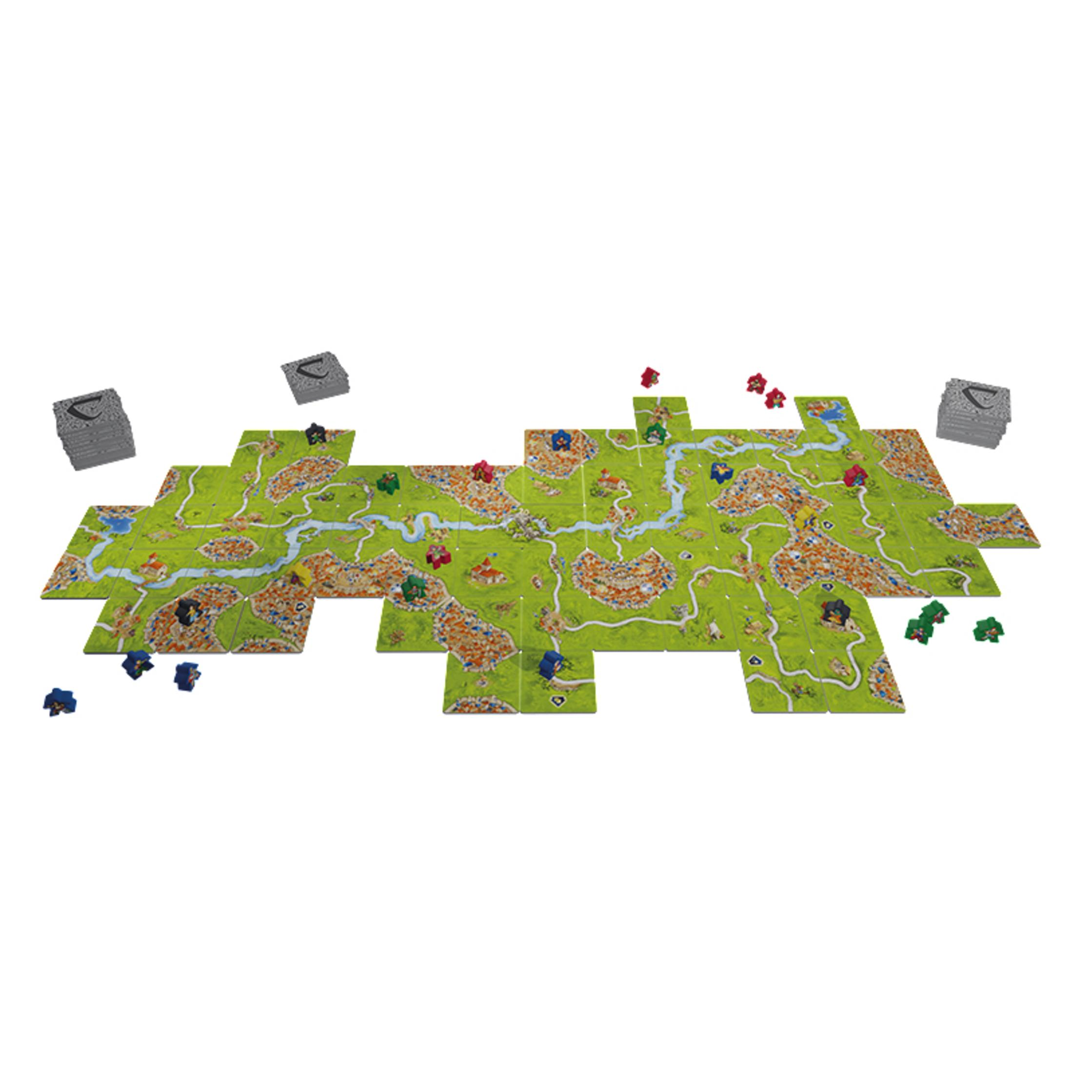 Carcassonne-Brettspiel mit Kacheln auf weißer Oberfläche, umgeben von Spielsteinen.